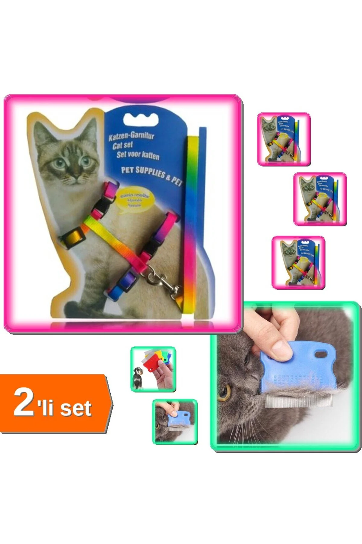 اسباب بازی گربه یقه چند رنگ + شانه کک شپش سگ مجموعه 2 عددی X7Y1M4 HerEveOyuncak