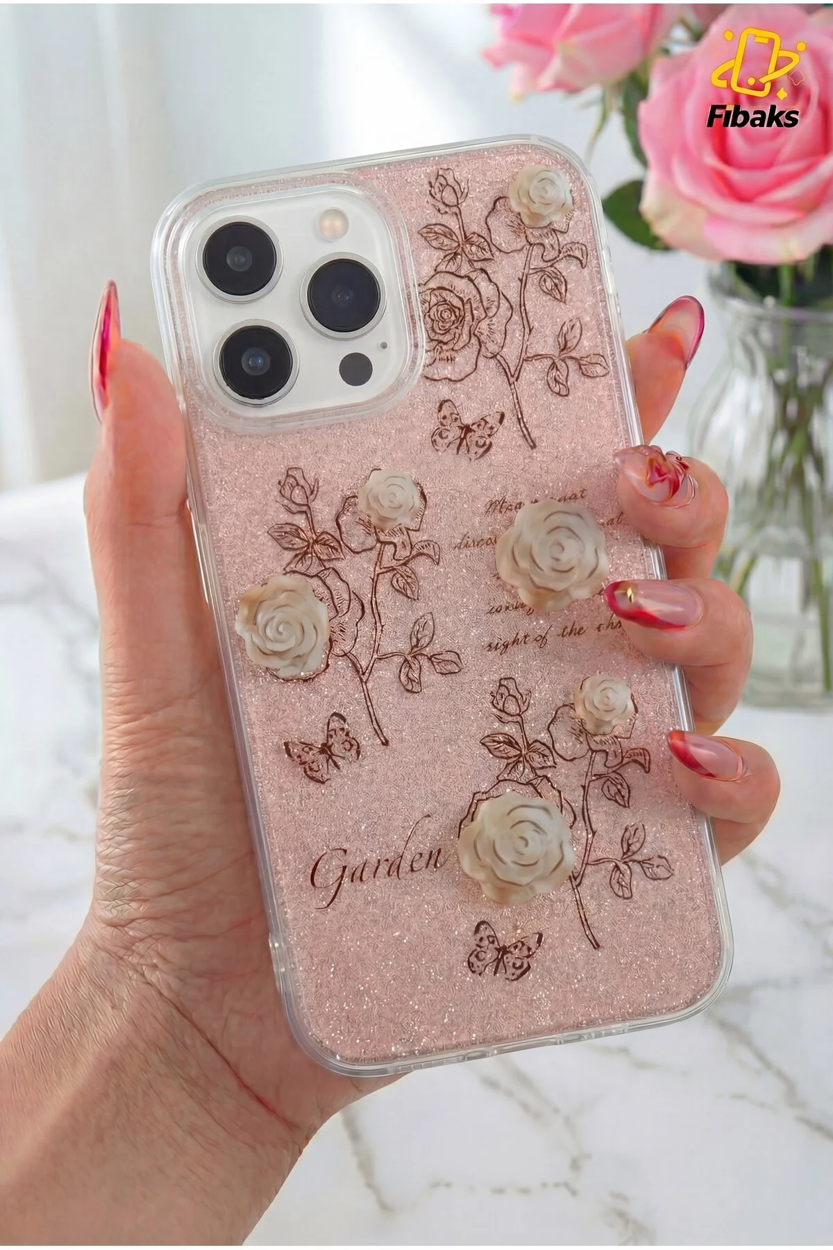 کاور و قاب سازگار APPLE IPHONE 16 PRO MAX با طرح رز سفید نقره‌ای رنگارنگ ضربه‌گیر براق فیبکس Fibaks