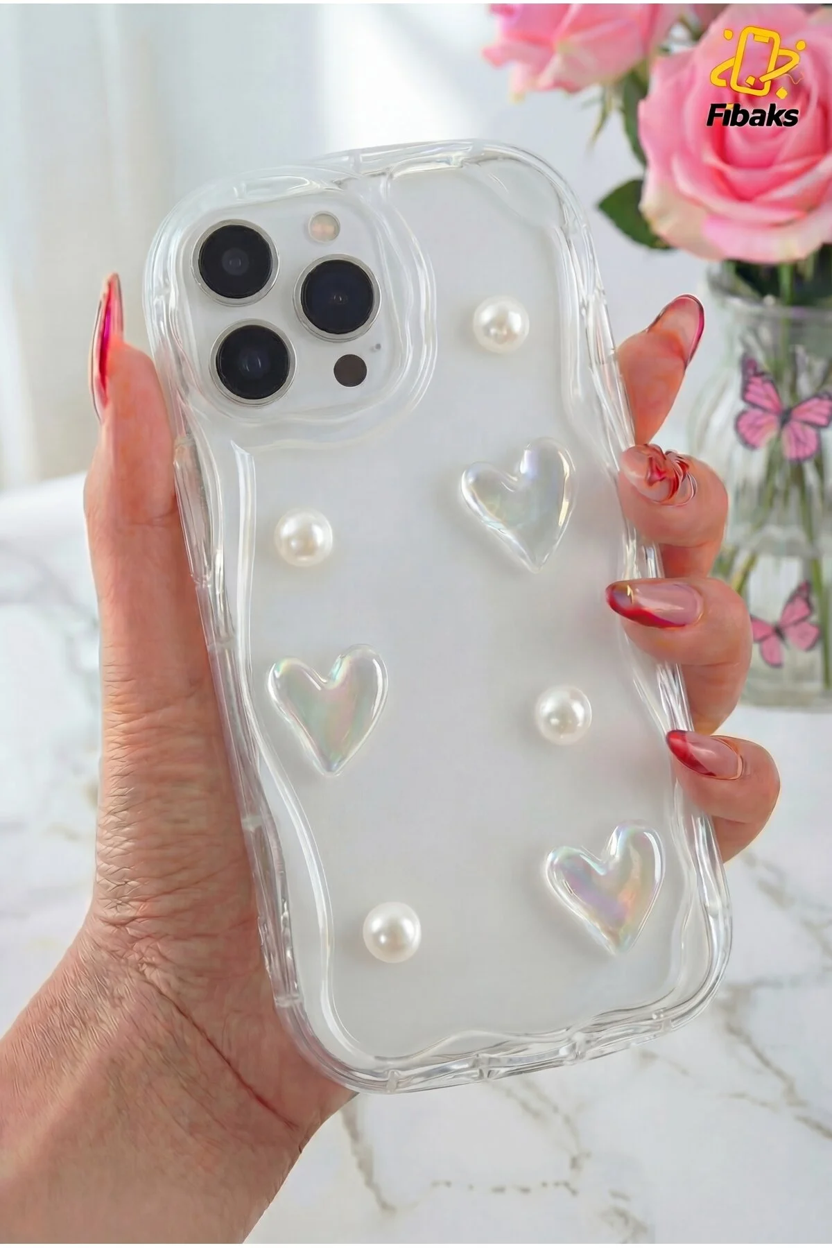 کاور و قاب APPLE IPHONE 13 PRO CASE 3D HEART PEARL شفاف سیلیکونی طرح دار با محافظ دوربین Fibaks