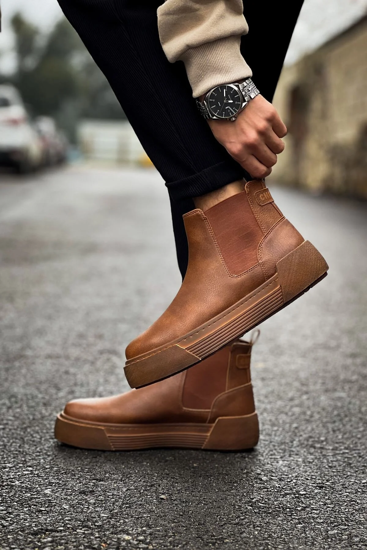 چکمه و بوت های چرمی بدون بند ورزشی روزانه مردانه با کیفیت بالا هارمانی CTT قهوهای مایل به زرد Lucy Shoes