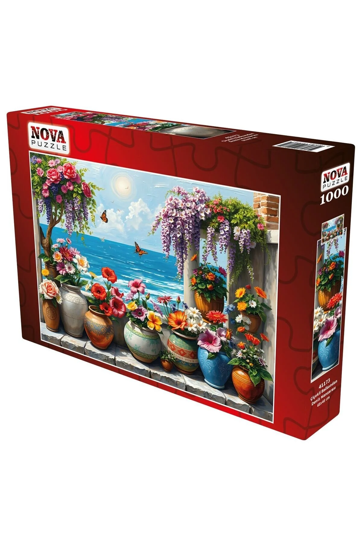 پازل منظره دریا از بالکن با 1000 تکه گل های رنگارنگ در گلدان Nova Puzzle
