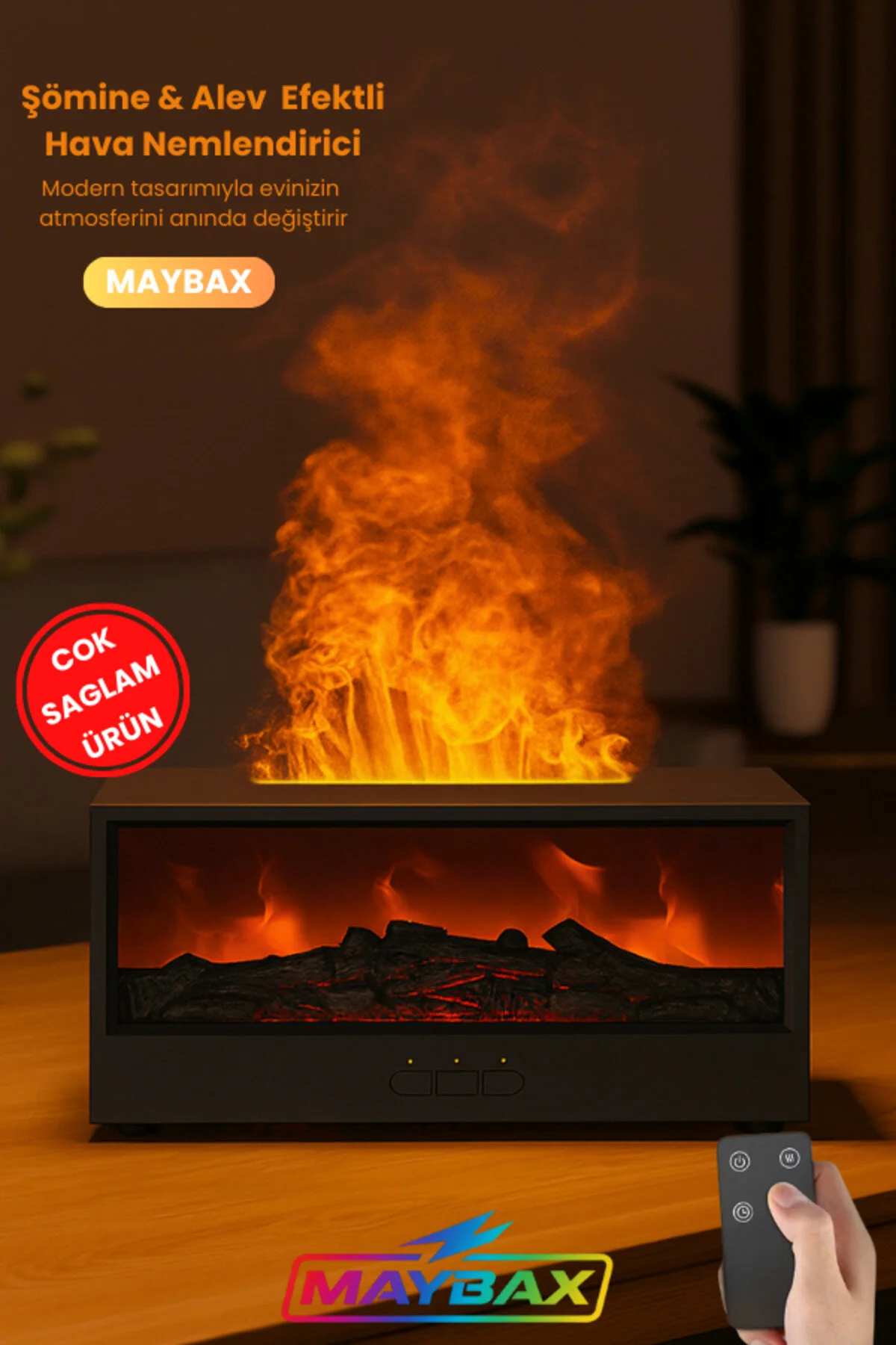 دستگاه بخور پخش کننده آروماتراپی اثر شعله شومینه 150 میلی لیتر ریموت کنترل 7 رنگ LED تایمر قابل حمل Maybax