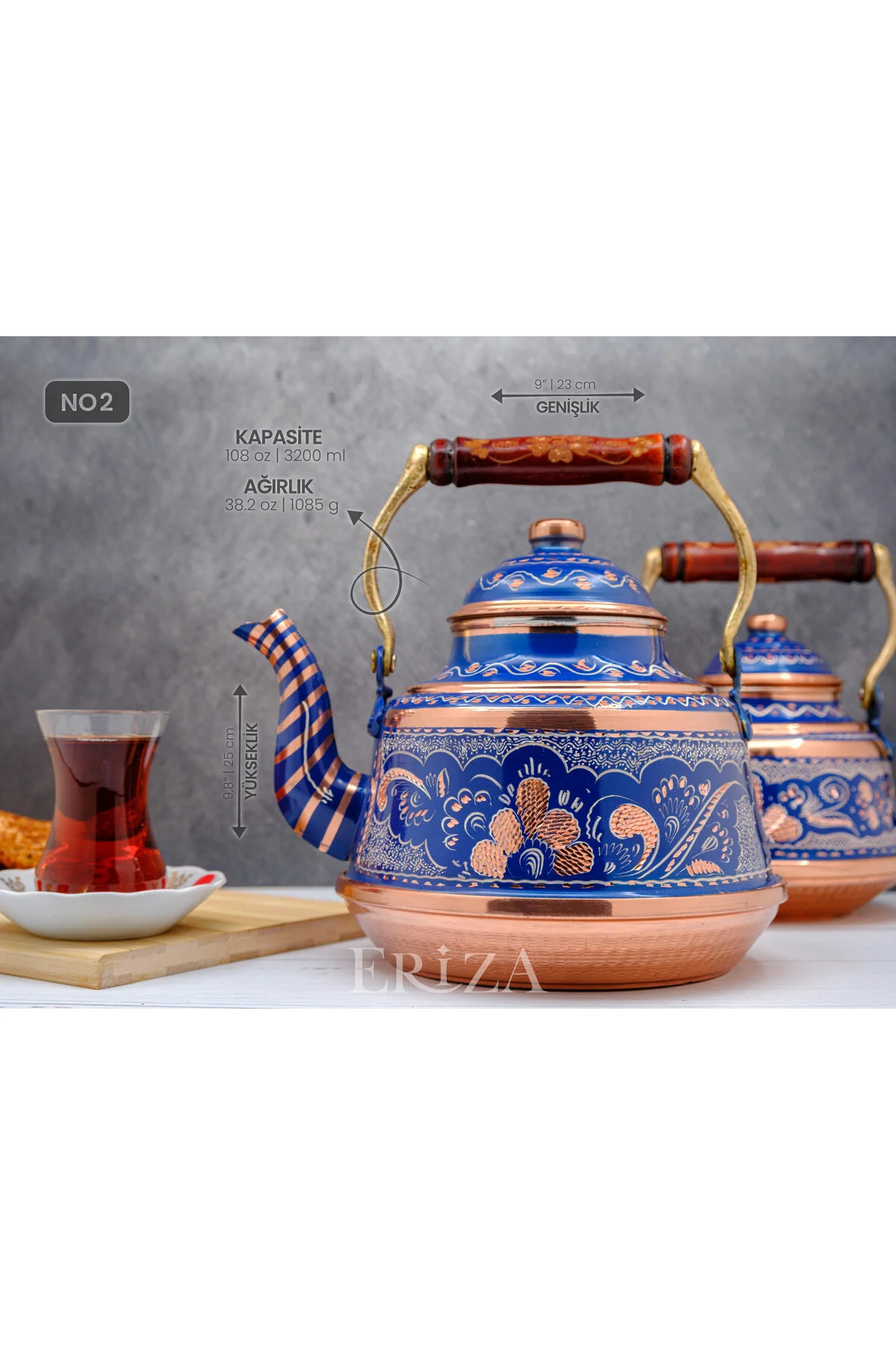 کتری قوری (چای‌ساز سنتی) آبی و مس خال کوبی تک قلع دلتنگ بخاری آب  ERİZA