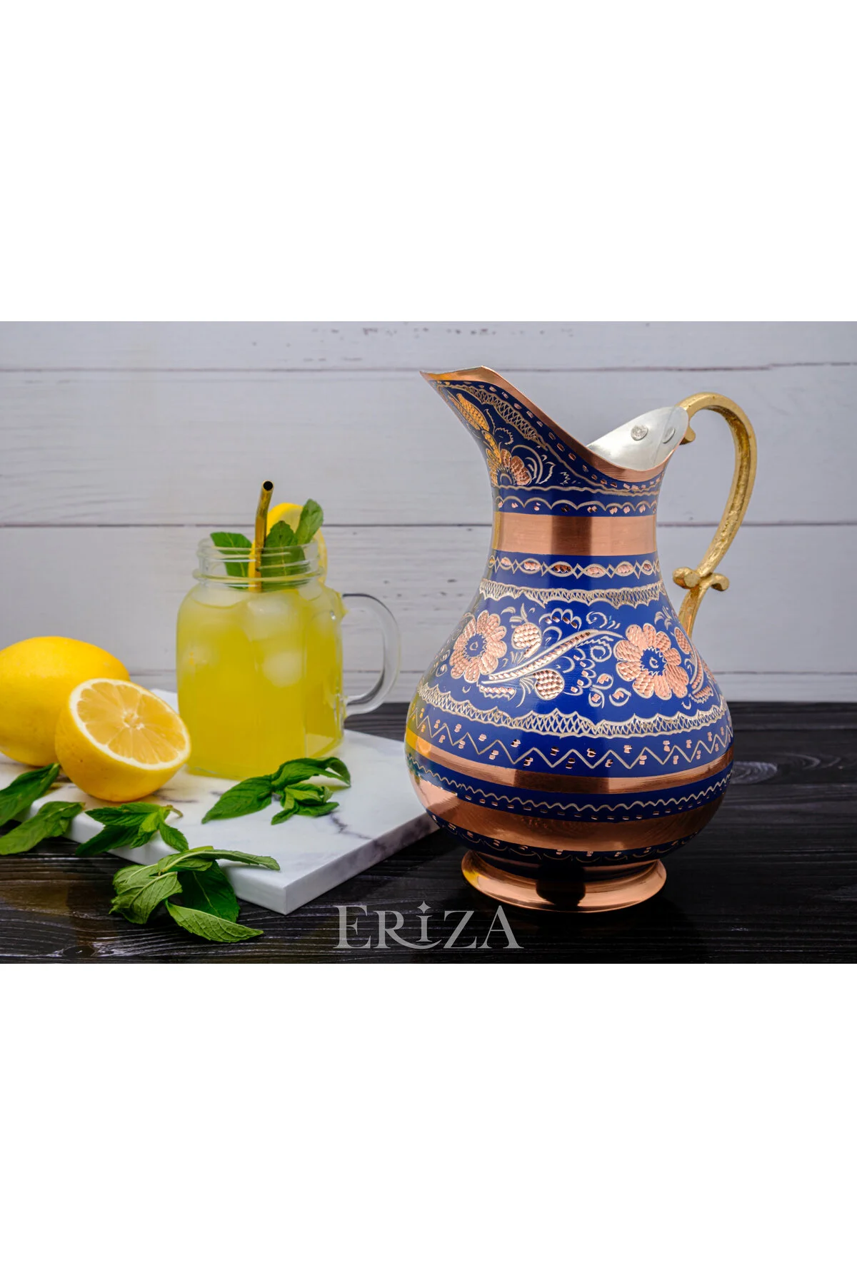 پارچ و تنگ آبی مسی 2 لیتر از دست ساز Erzincan کوزه ضخیم با قلع  ERİZA
