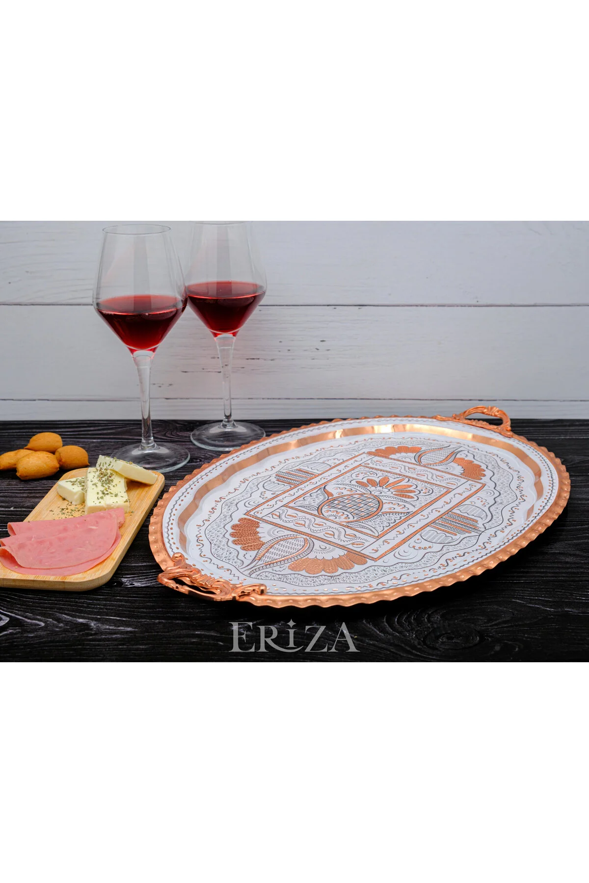 سینی سفید مسی 31X44 سانتی متر بیضی تجارت چای مس جسورانه و ارائه قهوه با پرده برنج سرویس  ERİZA