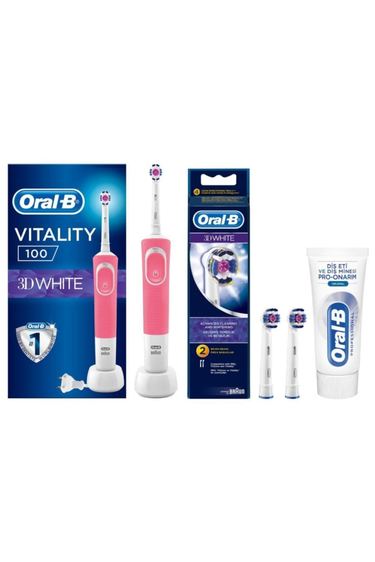 مسواک شارژی VITALITY PINK D100 3D سفید + 2 بسته خمیر دندان 50 میلی لیتری اورجینال Oral-B