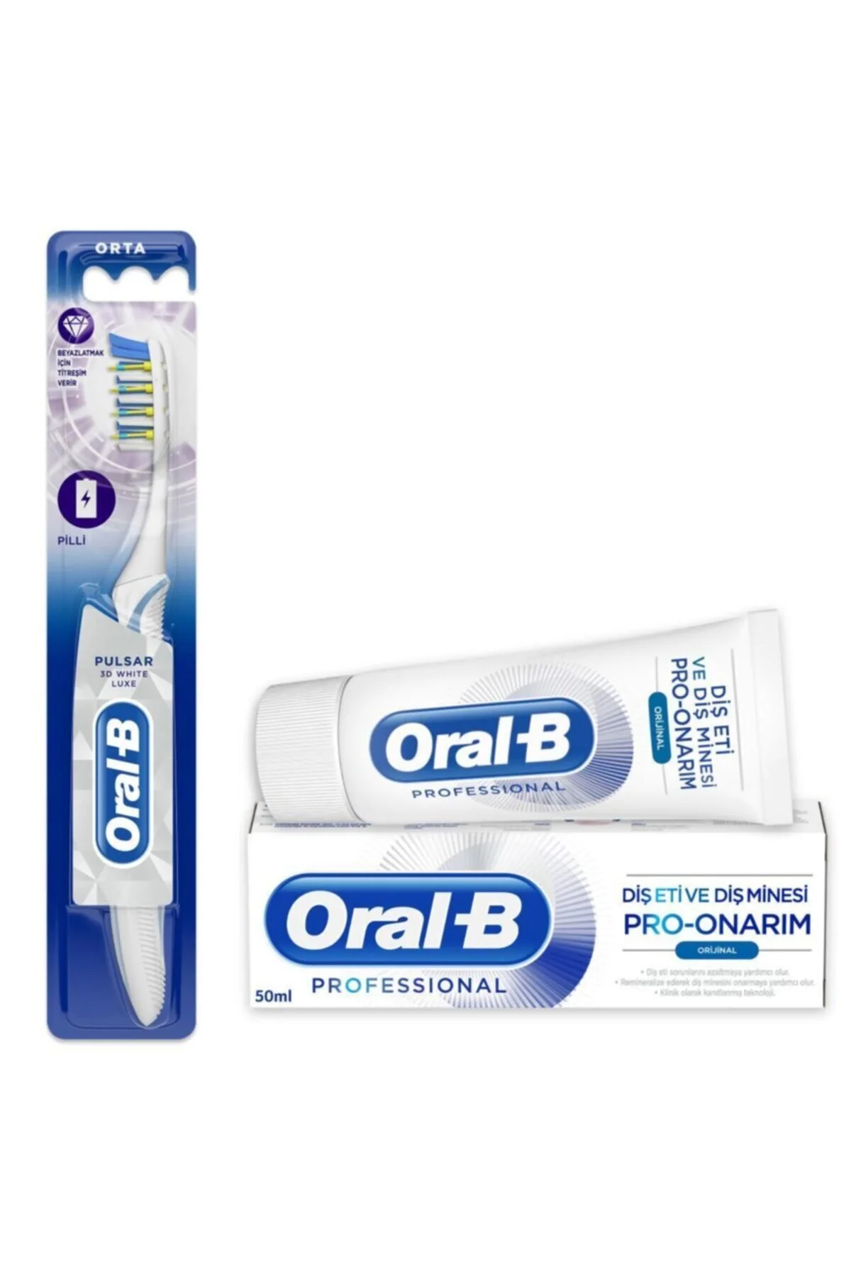 مسواک باتری دار ارتعاش پالس 3D سفیدی لوکس 35 متوسط ​​+ 50 میلی لیتر خمیردندان اورال بی Oral-B