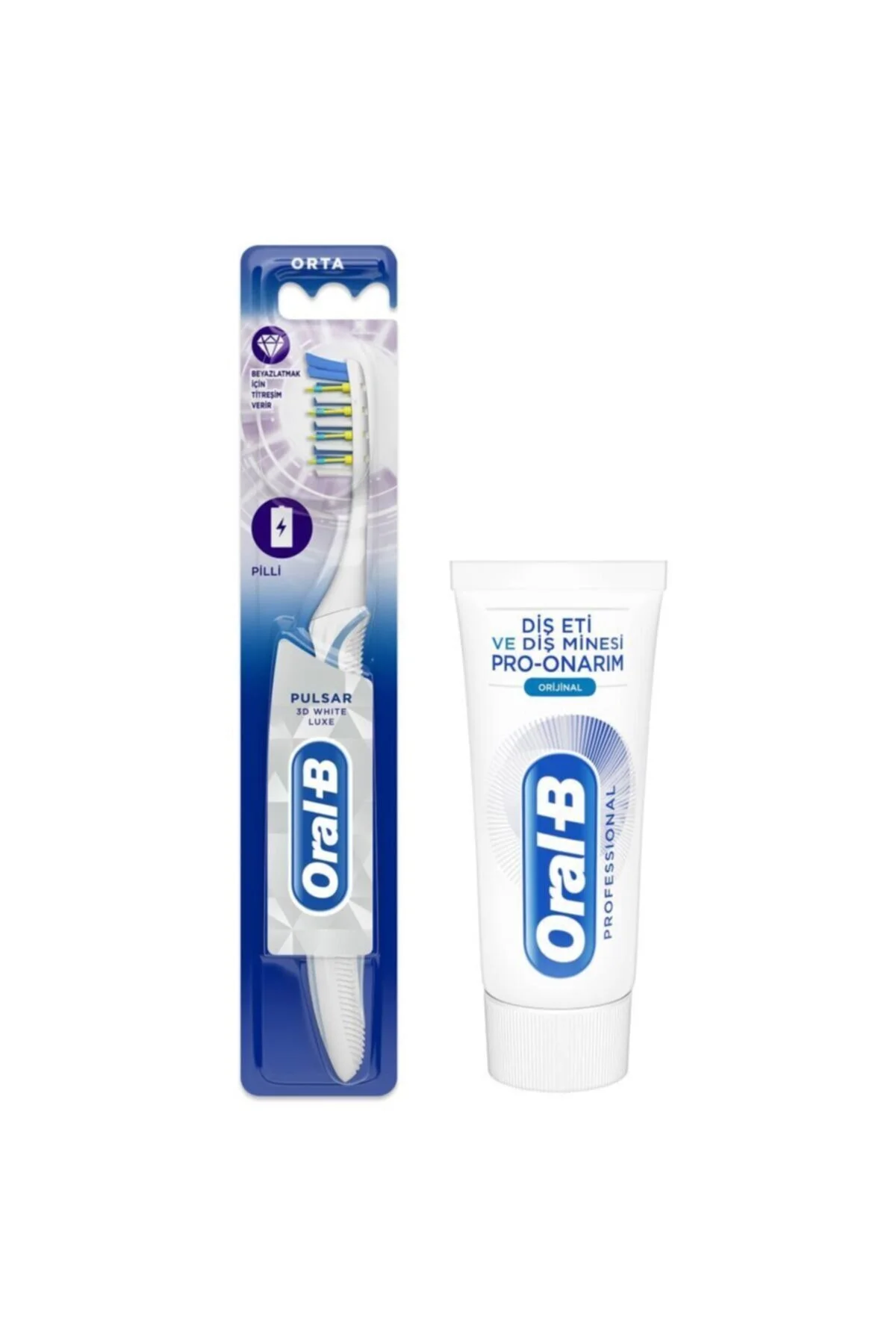 مسواک باتری دار ارتعاش پالس 3D سفیدی لوکس 35 متوسط + 50 میلی لیتر خمیردندان اورال بی Oral-B