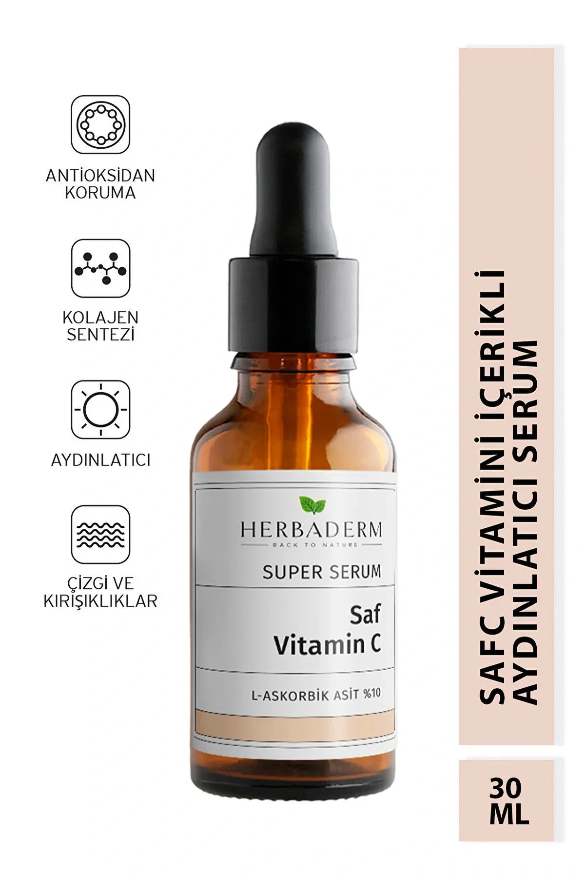 Herbaderm روشن‌کننده و تنظیم‌کننده رنگ پوست سرم صورتی حاوی ویتامین C 30 میلی‌لیتر 10% اسکوربیک اسید