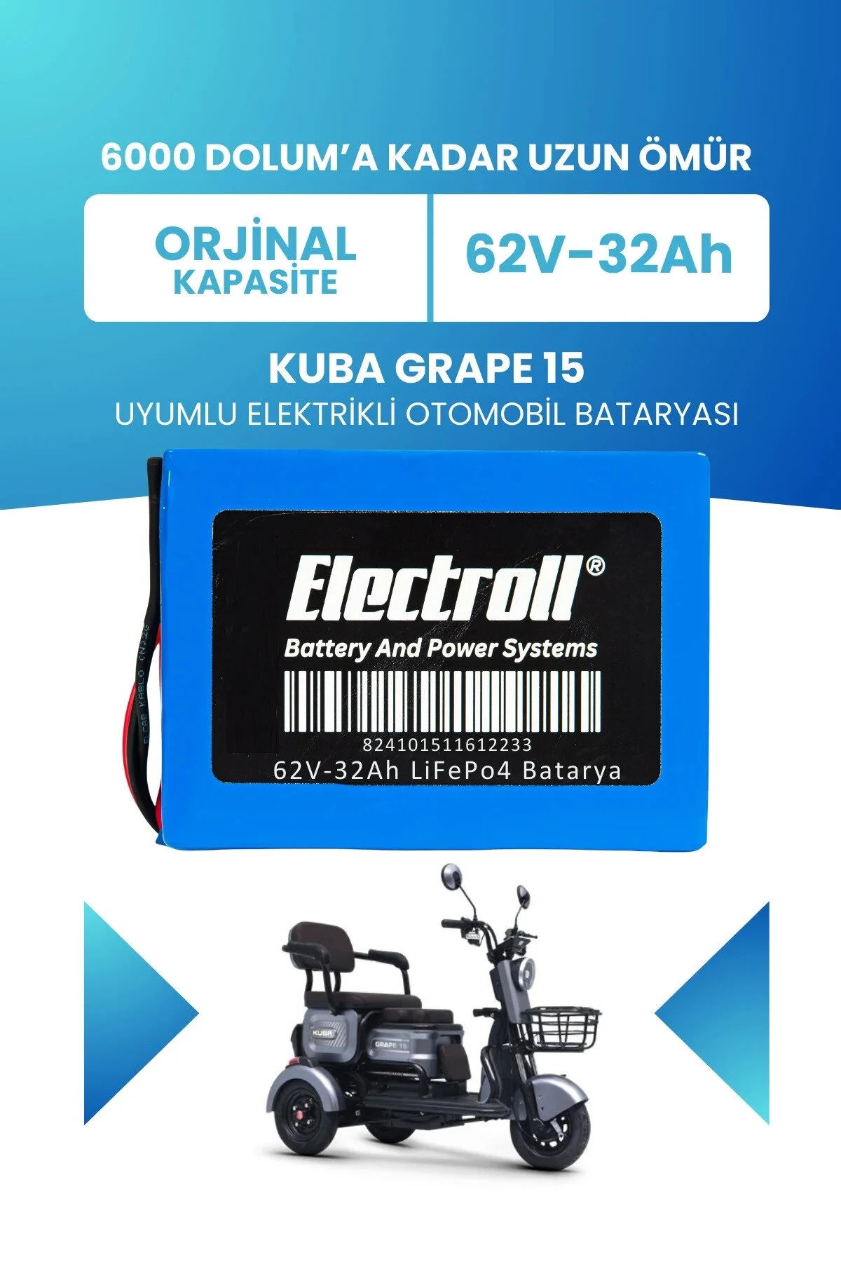 باتری سازگار KUBA GRAPE 25 MAX ظرفیت استاندارد LIFEPO4 60V 32AH ماشین الکتریکی ELECTROLL