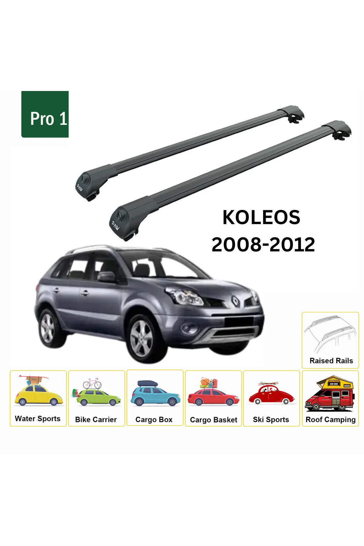 جعبه بار سقفی RENAULT KOLEOS 2008 2012 ROOF RACK CARRIER INTERMEDIATE RAIL TOROS SERIES PRO 4 BLACK auto paw