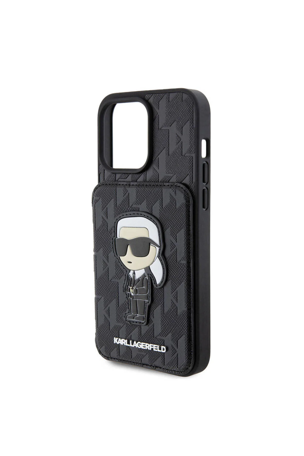 کاور و قاب محافظ آیفون 15 پرو کارل لاگرفلد دارای کارت پایه SAFFIANO MONOGRAM نماد نمادین مجوز مشکی Karl Lagerfeld