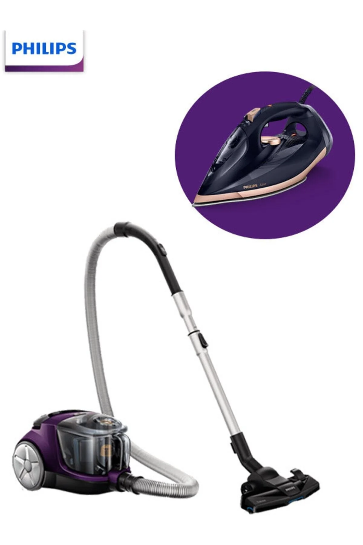 اتو بخار پکیج ADVANTAGE GC4909 60 AZUR STEAM IRON AND FC9323 07 POWERPRO COMPACT VACUUM CLEANER اورجینال Philips
