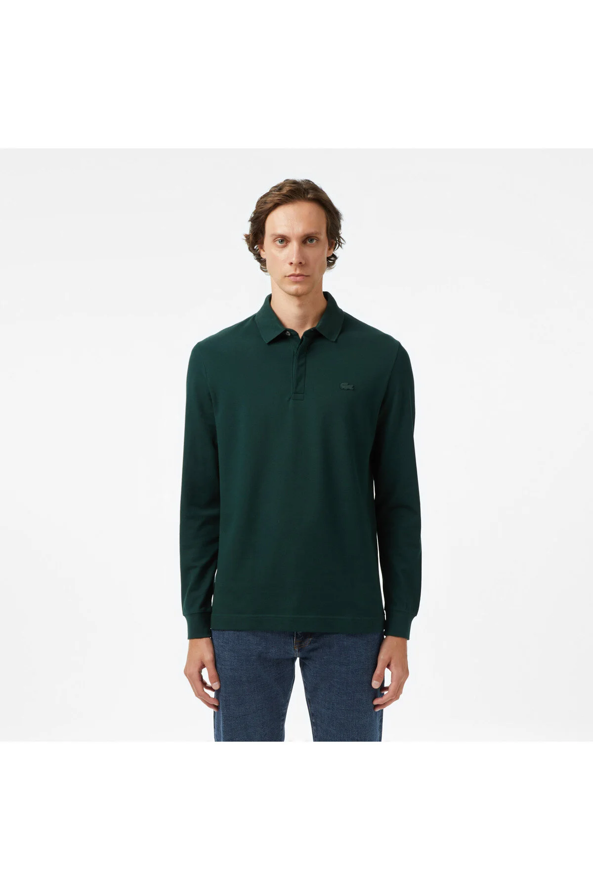 تی شرت یقه پولو سبز مردانه آستین بلند و تیره پاریس چوگان لاگوست Lacoste