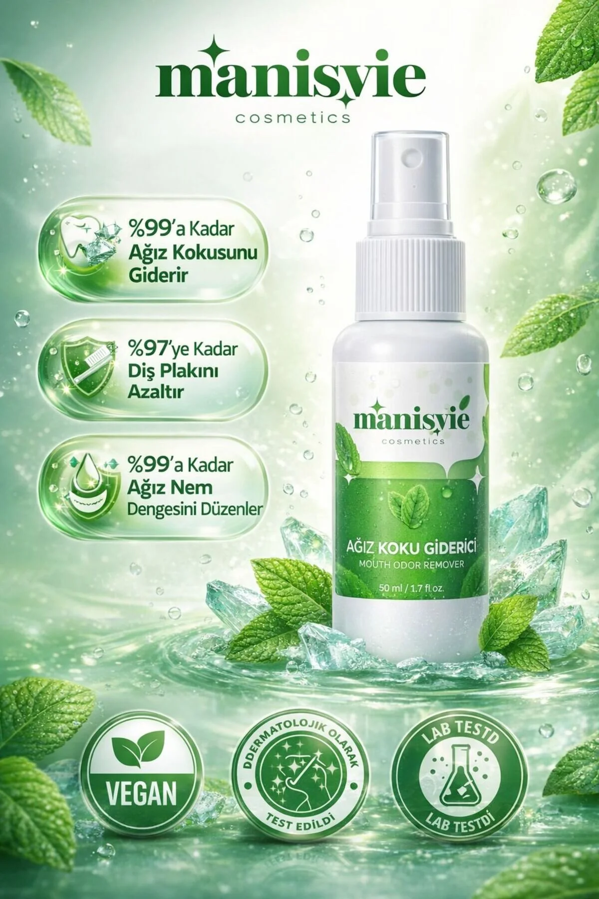 اسپری ضد بوی دهان 50 میلی لیتر بدون الکل با اثر فوری و خاصیت از بین برنده بوی سیگار و قهوه Manisvie