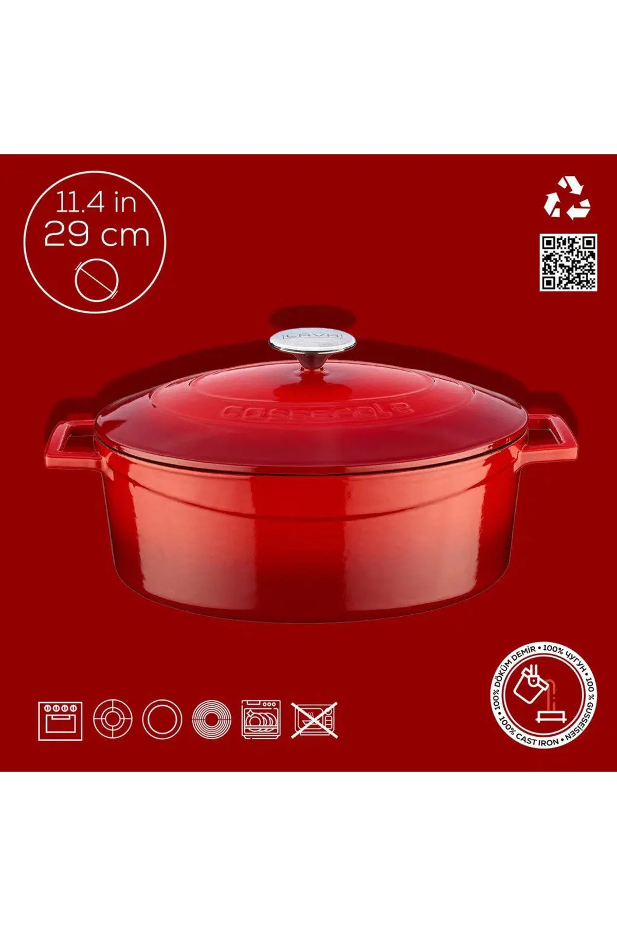قابلمه ریخته گری گلدان بیضی اندازه قومی 23X29CM قرمز Lava
