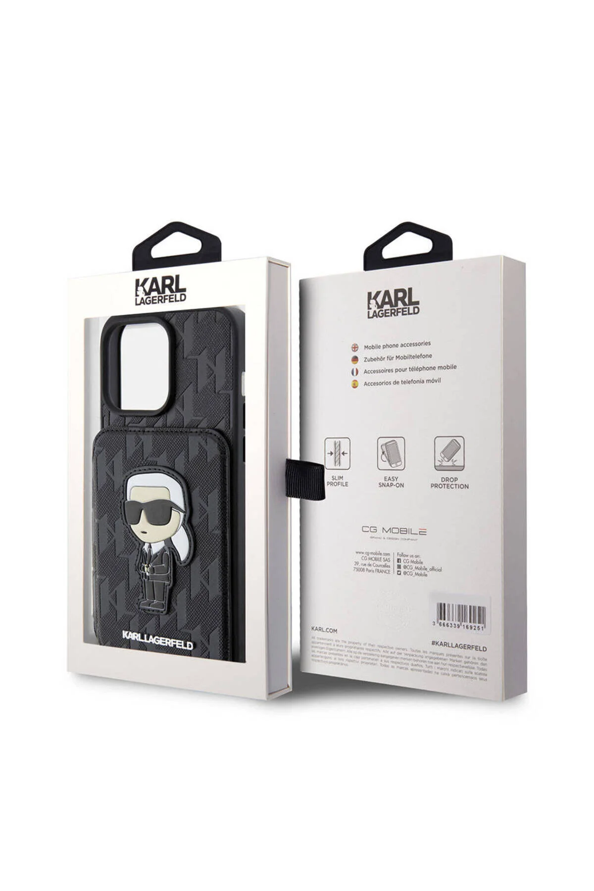 کاور و قاب محافظ آیفون 15 پرو کارل لاگرفلد دارای کارت پایه SAFFIANO MONOGRAM نماد نمادین مجوز مشکی Karl Lagerfeld