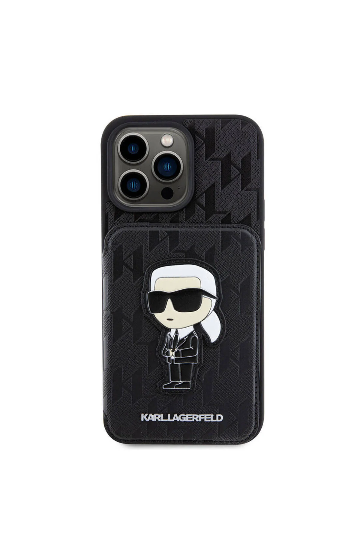 کاور و قاب محافظ آیفون 15 پرو کارل لاگرفلد دارای کارت پایه SAFFIANO MONOGRAM نماد نمادین مجوز مشکی Karl Lagerfeld