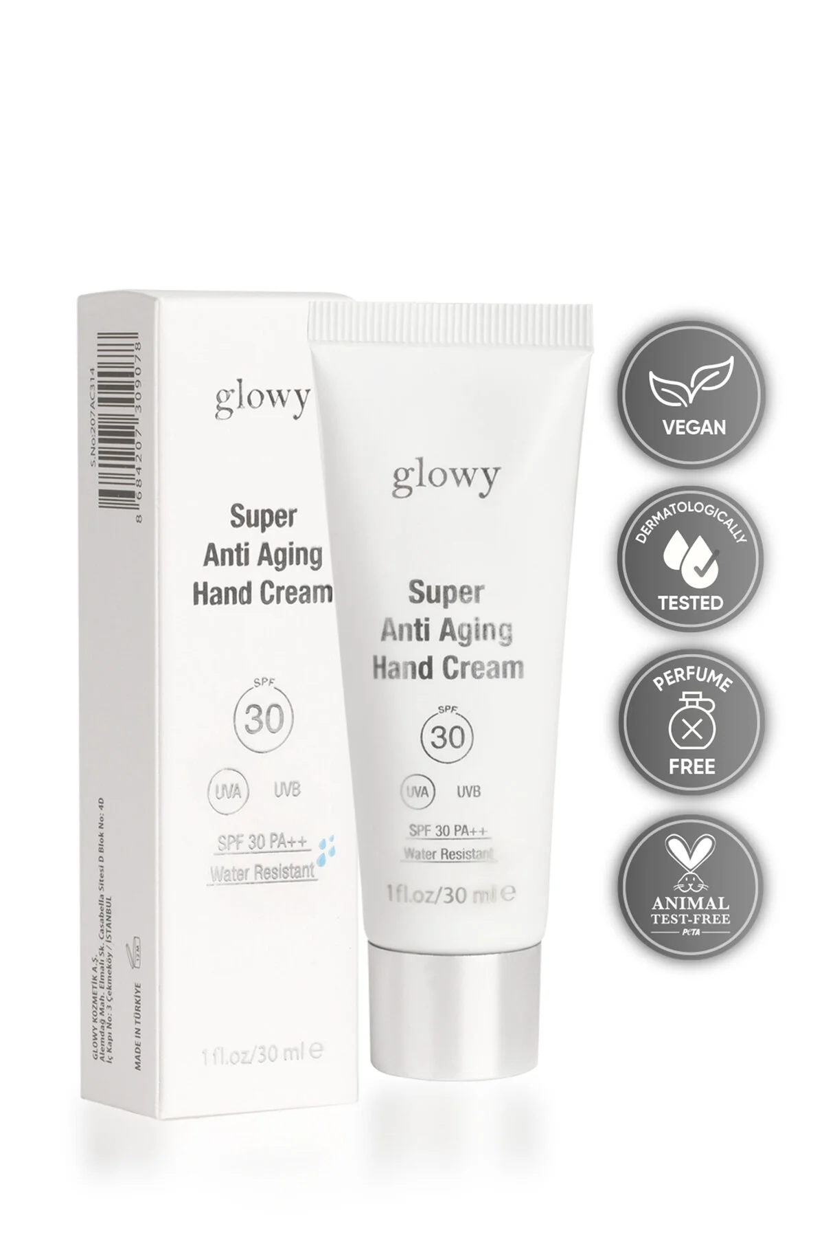 کرم دست مرطوب‌کننده قوی با SPF30 و خاصیت ضد پیری حجم 30 میلی‌لیتر GLOWY