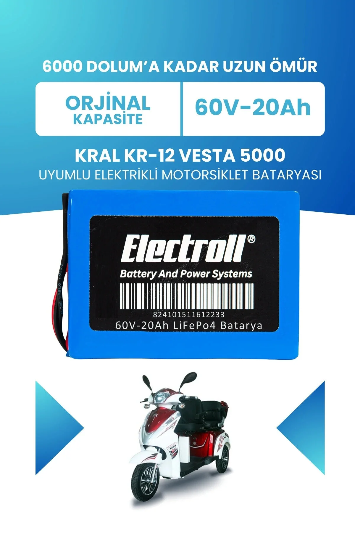 باتری KRAL KR 12 VESTA 5000 سازگار LIFEPO4 60V 20AH موتور سیکلت الکتریکی ELECTROLL
