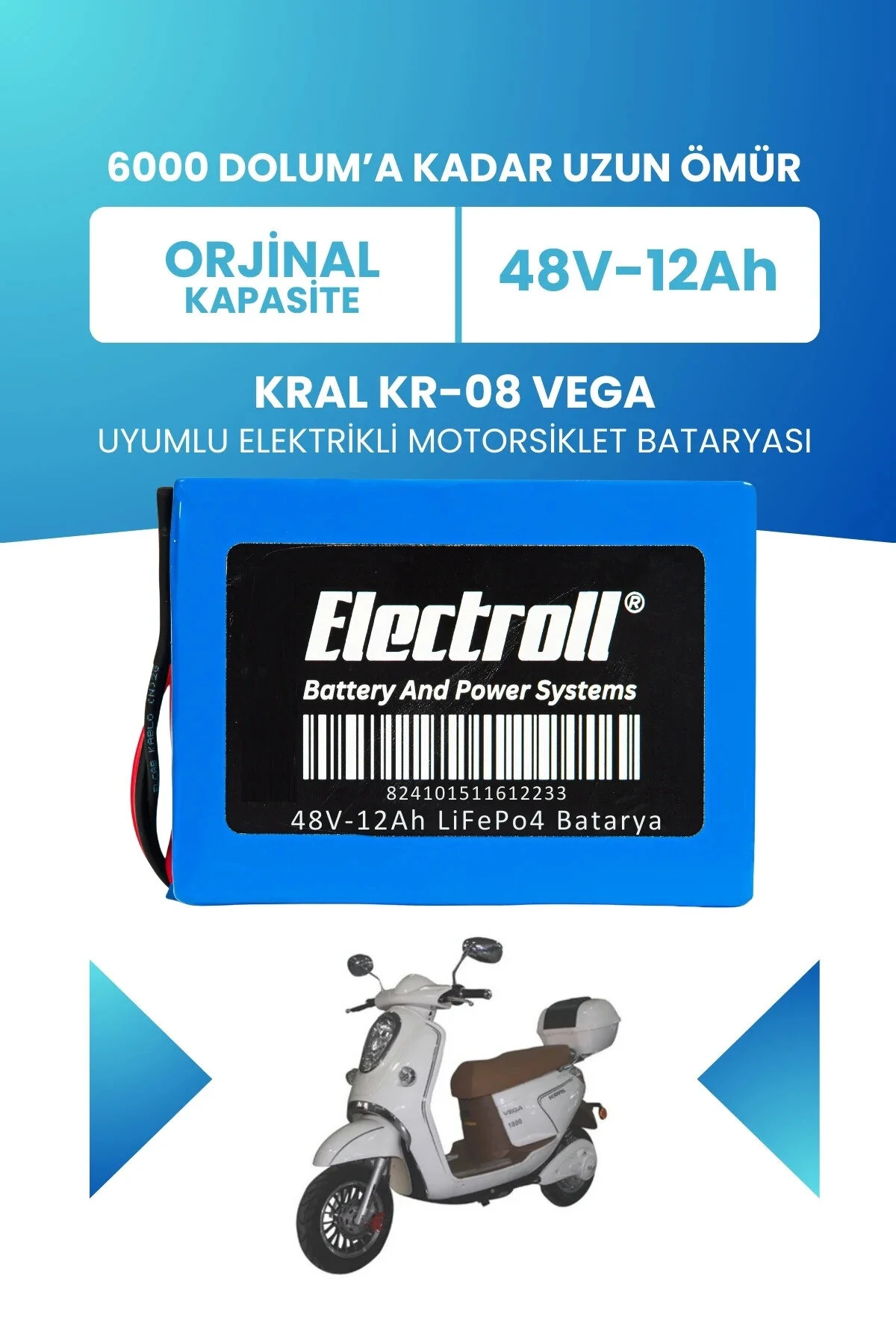 باتری سازگار KRAL KR 08 VEGA ظرفیت استاندارد موتور سیکلت الکتریکی LIFEPO4 48V 12AH ELECTROLL