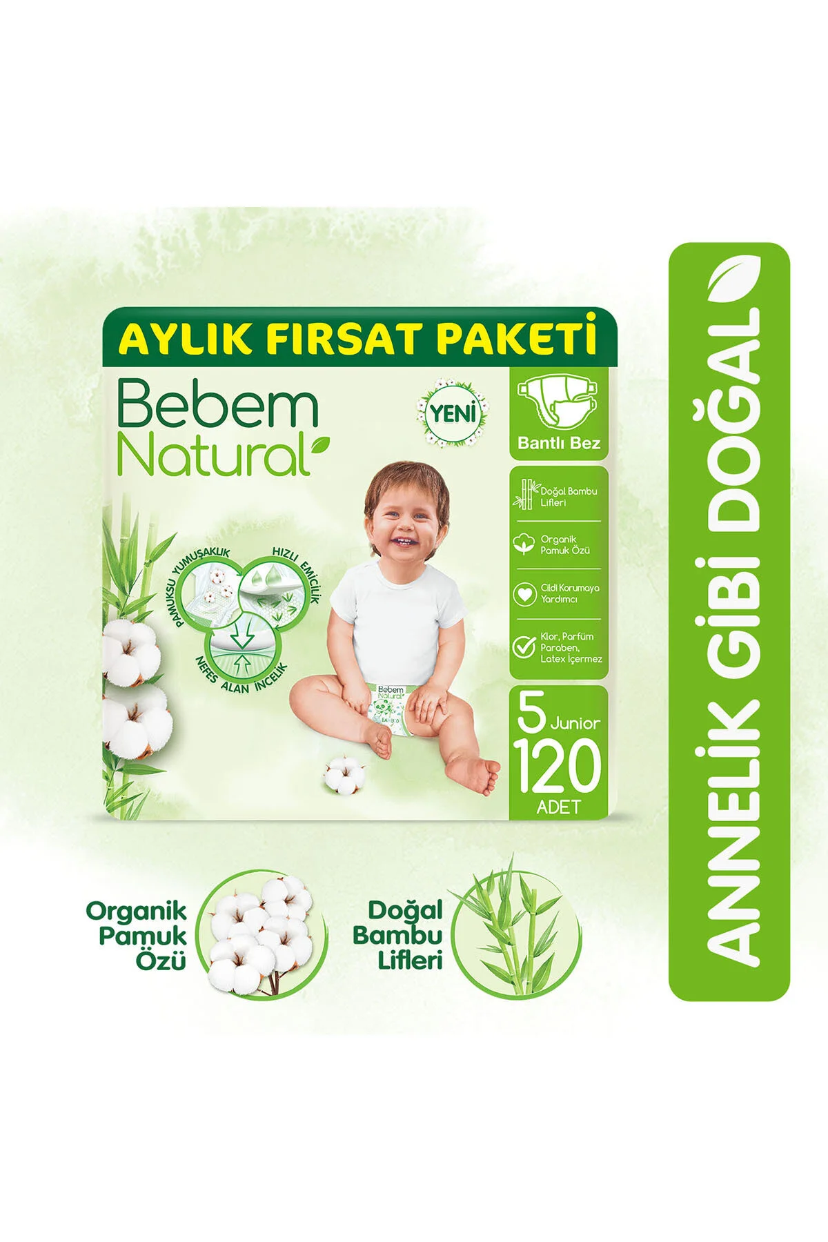 پوشک بچه سایز 5 جونیور بسته فرصت ماهانه 120 عدد اورجینال Bebem Natural