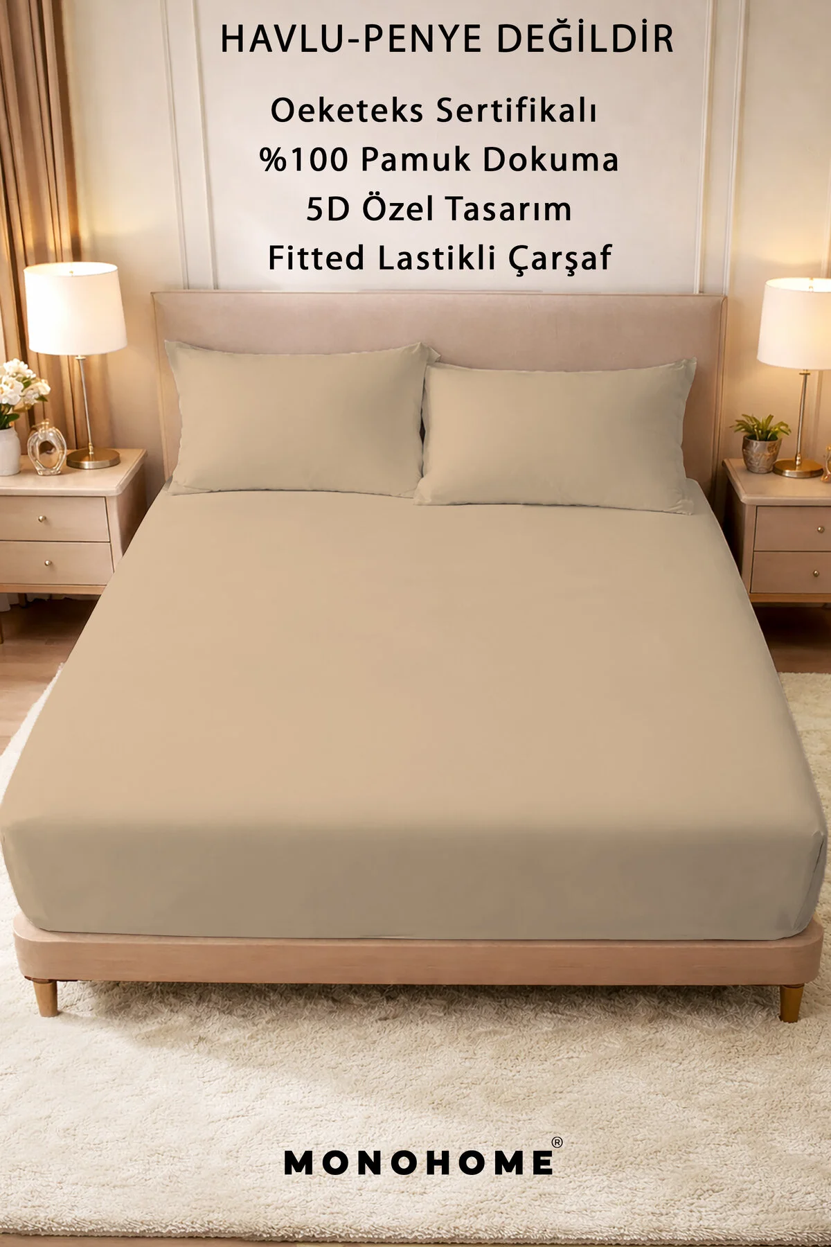 ست ملحفه دو نفره ساختمان ETIBLE 100 ٪ COTTON OEKO TEX® دارای گواهینامه ساخته شده از پارچه کد DUVET 57 TEL BEIGE Monohome