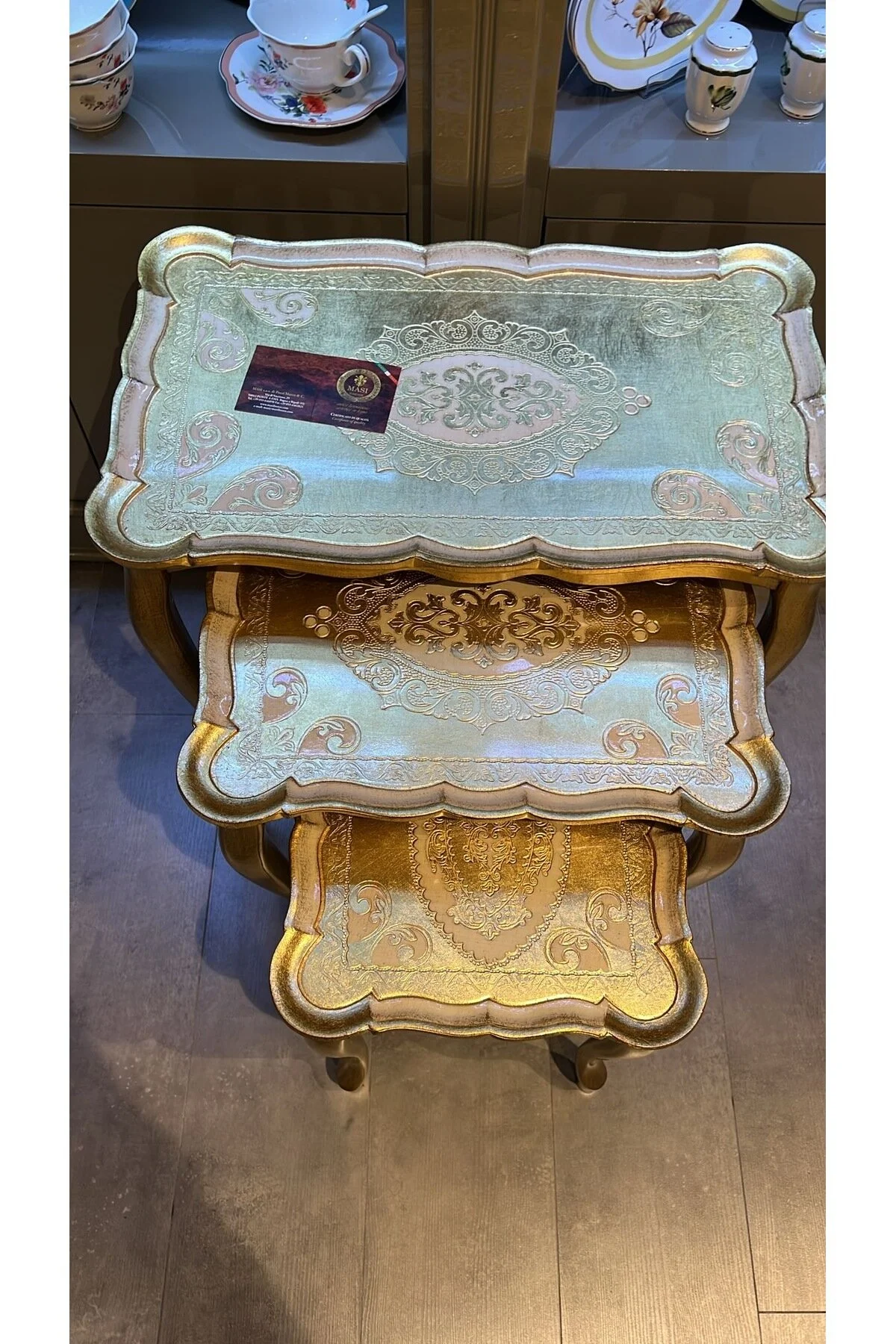میزهای تودرتو زیگون ESTERHOMEDECOR اصلی گل رز ایتالیایی 3 میز قهوه سفره چوبی ZIGON WOODEN TABLE GOLD Handmade