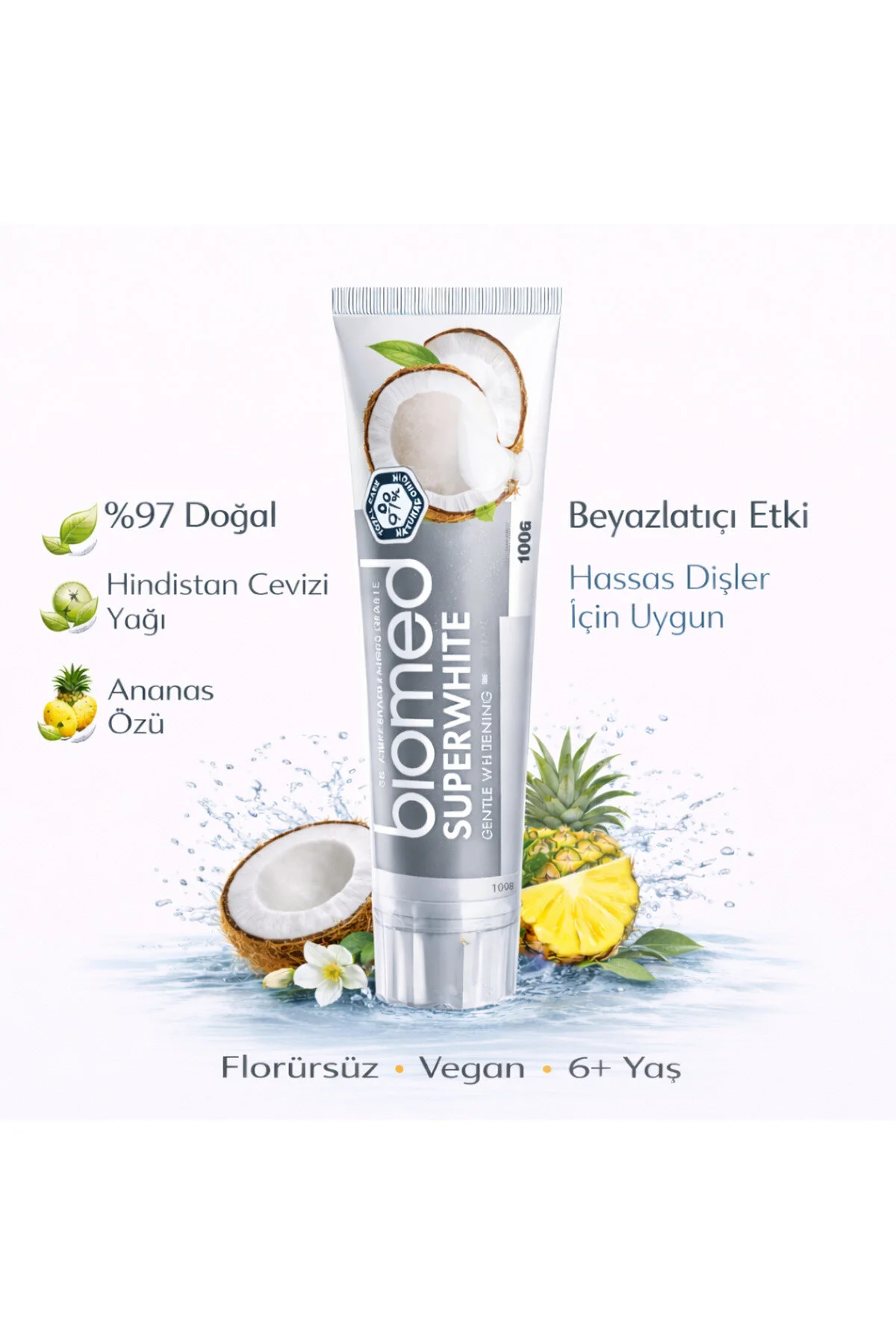 خمیر دندان سفیدکننده طبیعی بدون فلوراید SuperWhite با حجم 100 گرم Biomed