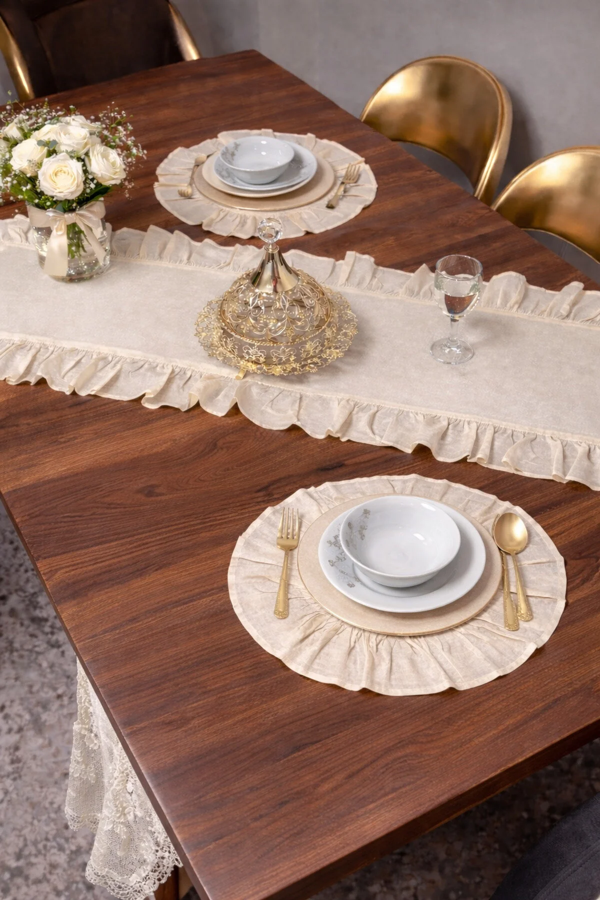 رانر و زیر بشقابی 3 قطعه جدول کتانی مجموعه 2 سرویس آمریکایی SUPLA + 1 RUNNER FRILLY 40X110 سانتی متر ÇIQRIK HOME