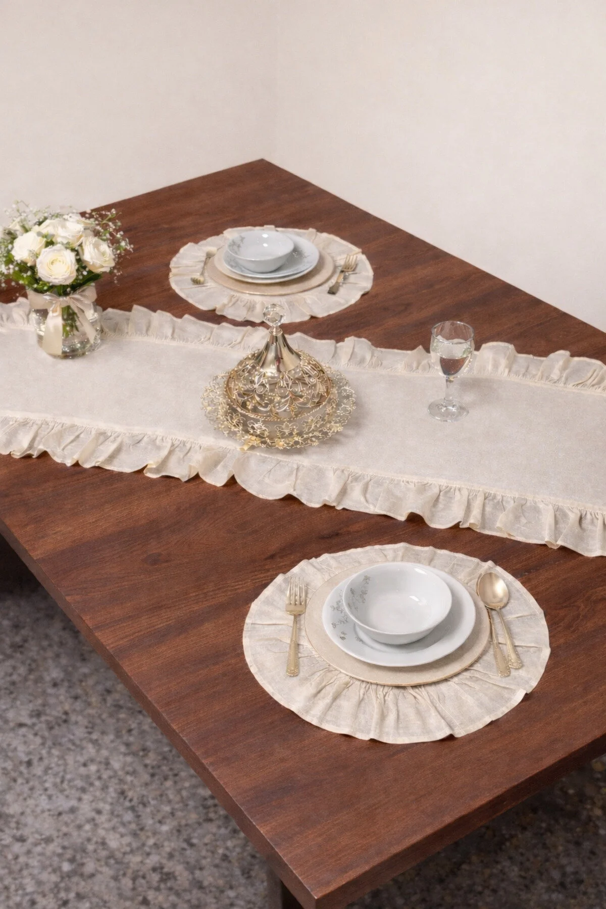 رانر و زیر بشقابی 3 قطعه جدول کتانی مجموعه 2 سرویس آمریکایی SUPLA + 1 RUNNER FRILLY 40X110 سانتی متر ÇIQRIK HOME