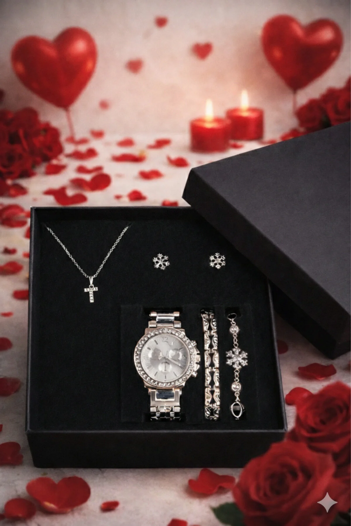 ساعت مچی نقره ای زنانه با حروف ست کادویی گوشواره گردنبند دستبند حرف T Arzu Butik