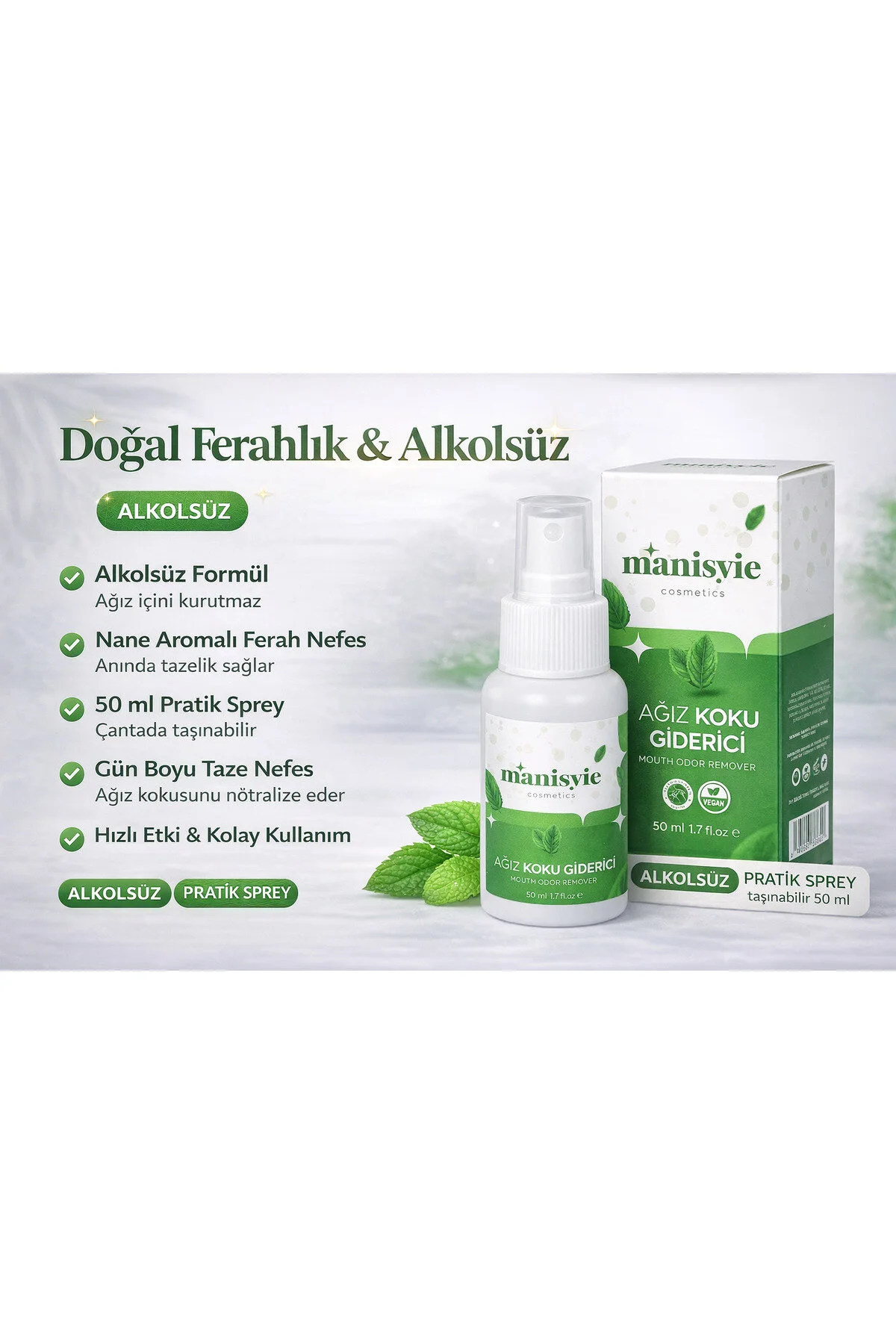 اسپری ضد بوی دهان 50 میلی لیتر بدون الکل با اثر فوری و خاصیت از بین برنده بوی سیگار و قهوه Manisvie