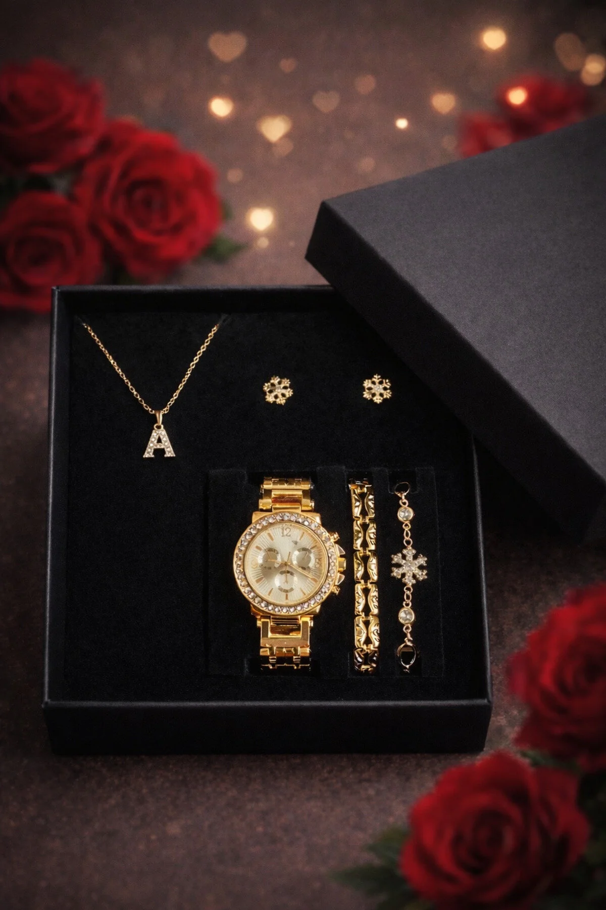 ساعت مچی زنانه شخصی ست کادویی گوشواره گردنبند دستبند حرف A Arzu Butik