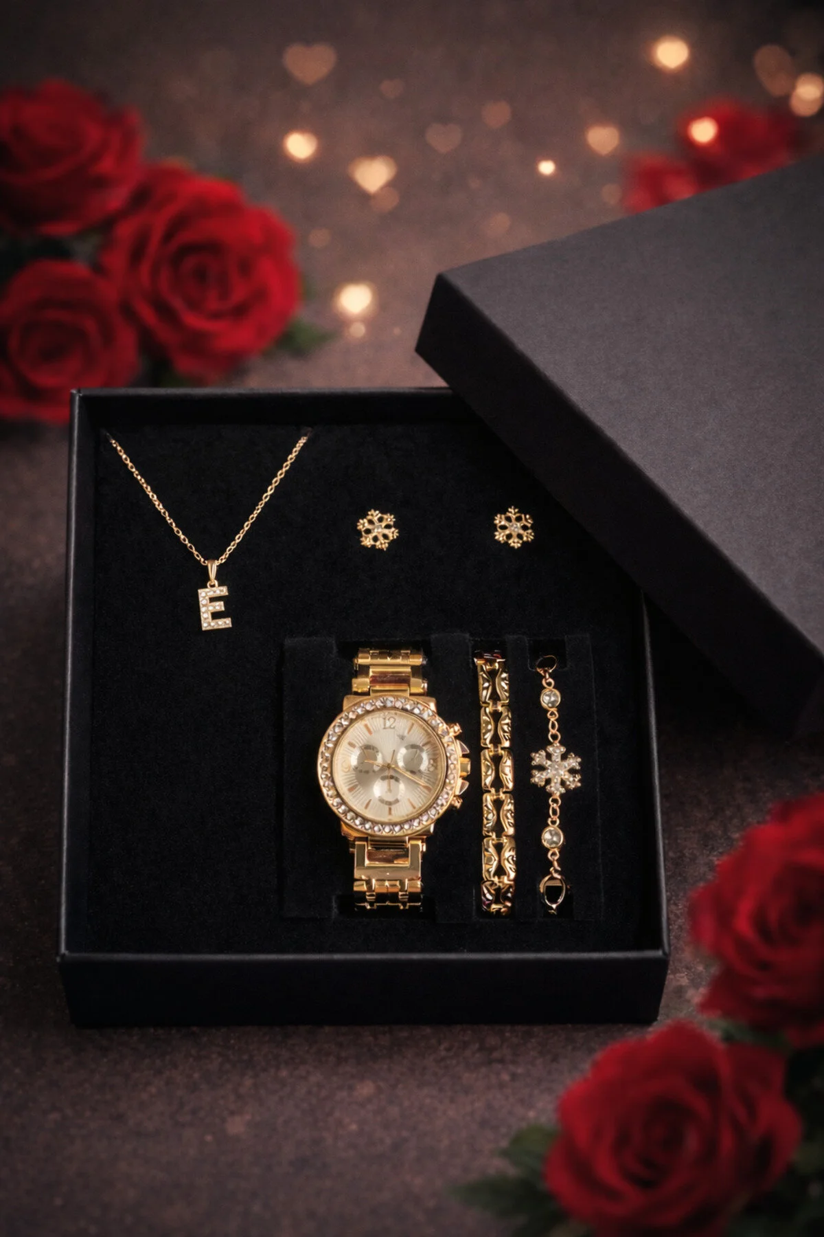 ساعت مچی زنانه شخصی ست کادویی گوشواره گردنبند دستبند حرف E Arzu Butik
