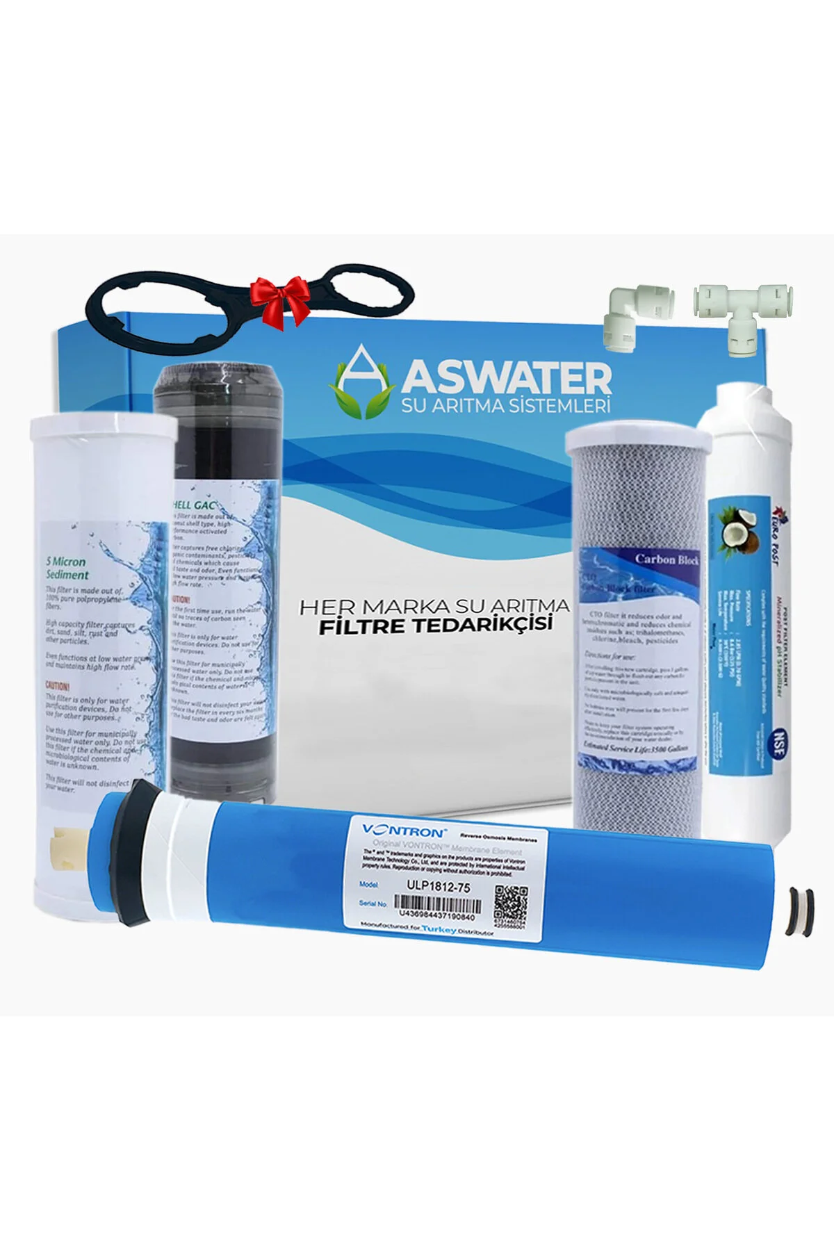 لوازم جانبی تصفیه کننده آب مجموعه فیلتر 5 تکه لوکس 10 اینچی IHLAS AURA CEBILON با غشای VONTRON 75GPD As Water