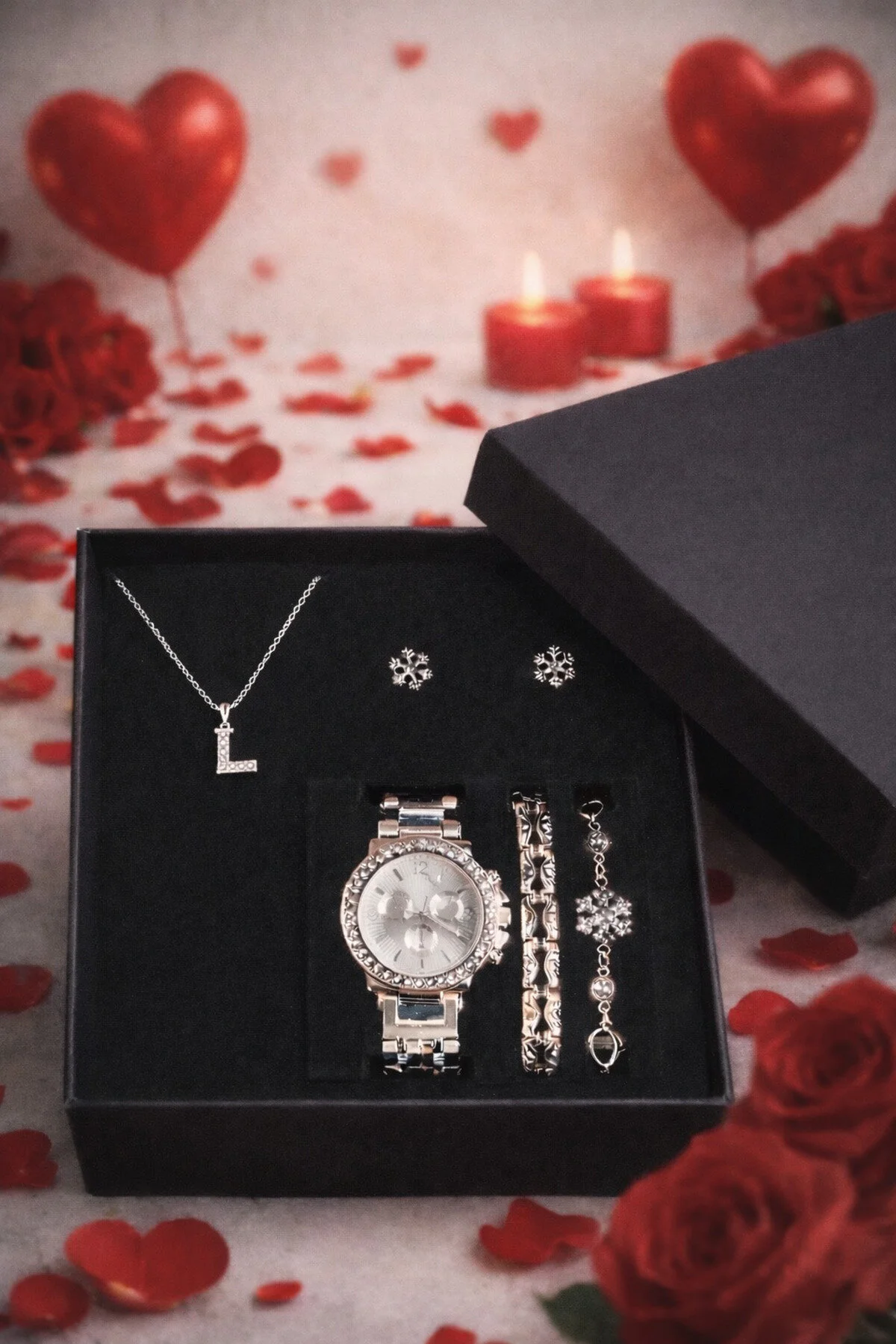 ساعت مچی نقره ای زنانه با حروف ست کادویی گوشواره گردنبند دستبند حرف L Arzu Butik