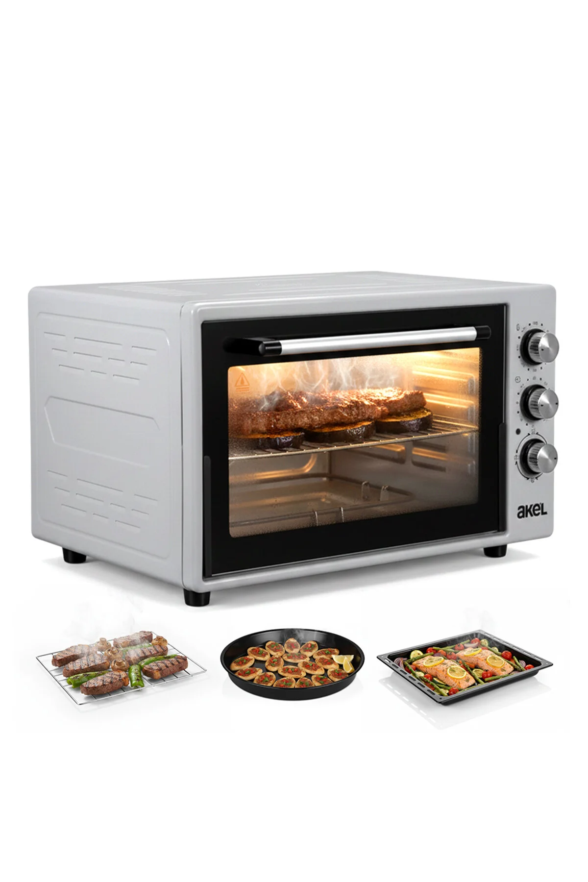 فر مینی و میدی AF930L 45 لیتری اجاق خاکستری روشنایی داخلی تایمر گریل 2 سینی 1 توری سیمی Akel