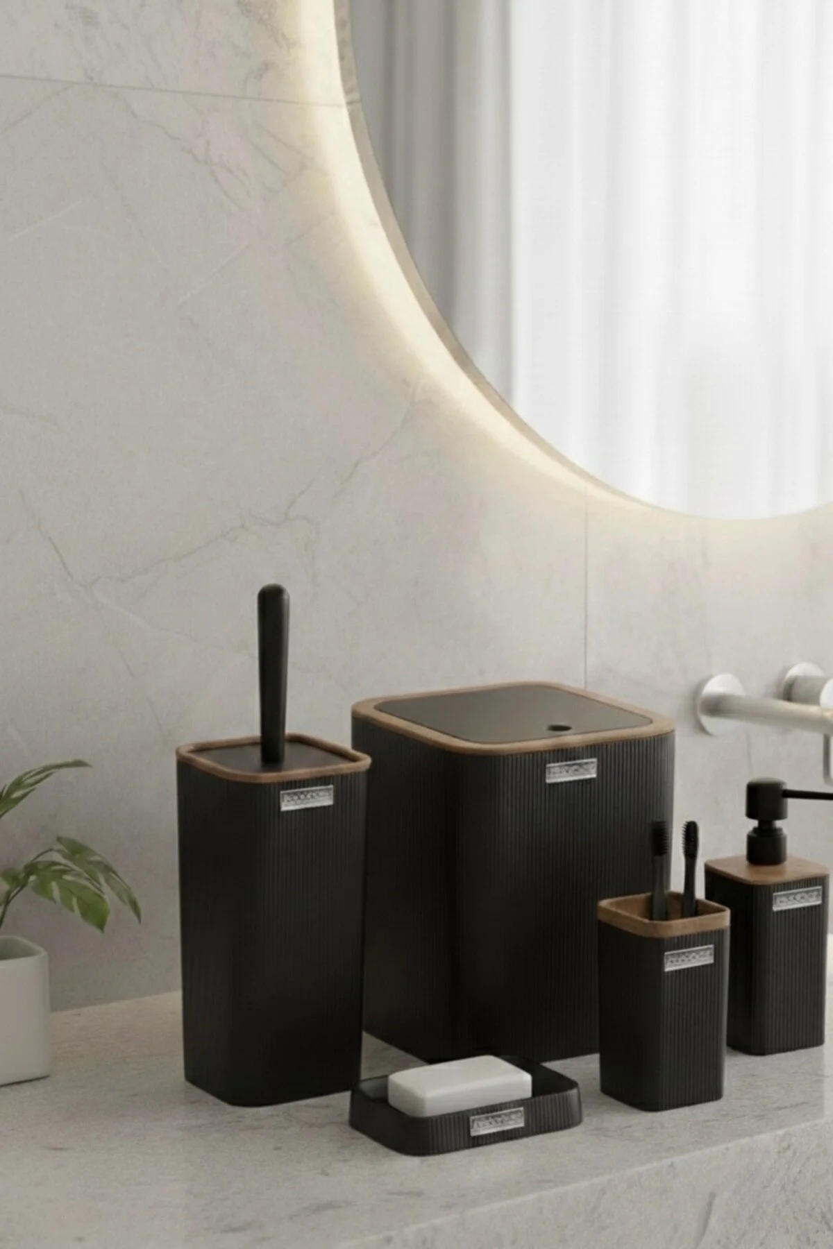 Okyanus Home سرویس حمام 5 تکه مربع راه طرح چوبی مشکی مینا OKY-420-3