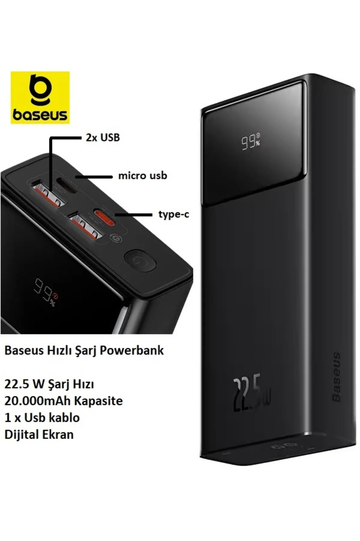 پاوربانک STAR LORD 22.5W 20.000 میلی آمپر ساعت صفحه نمایش دیجیتال POWERBANK BLACK 00003NYOK3 Baseus