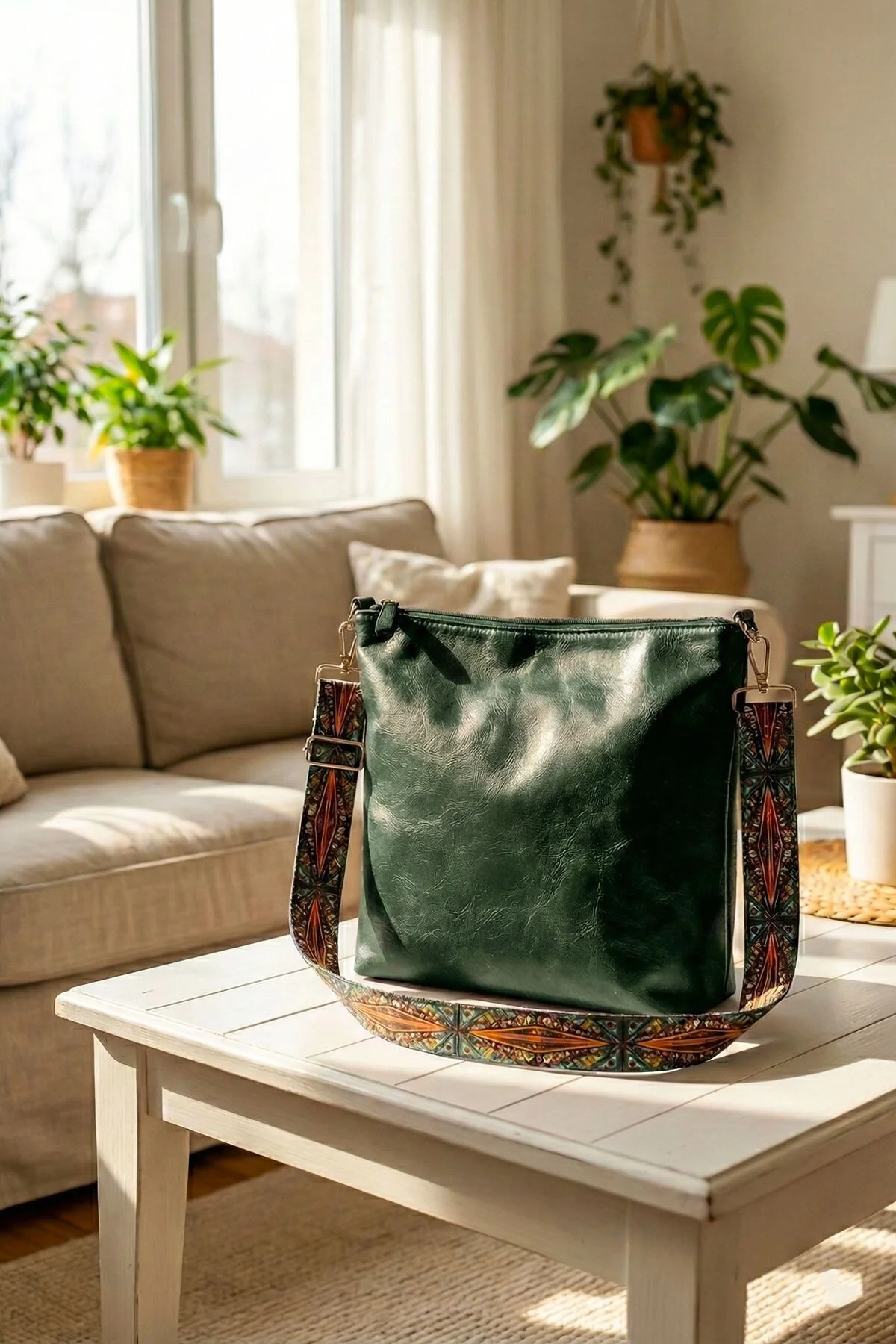 کیف شانه ای دست و زنانه با بند چرم مصنوعی طرح‌دار قومی Bambus Home