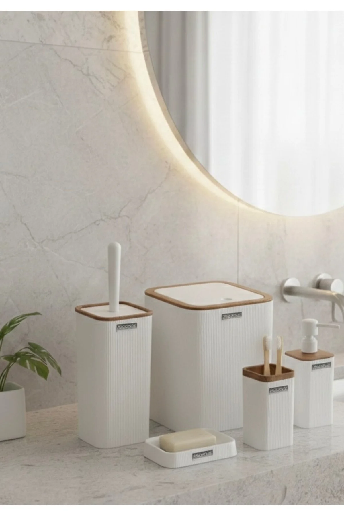 ست حمام سفید سرویس 5 تکه مربع راه طرح چوبی مینا OKY 420 3 Okyanus Home
