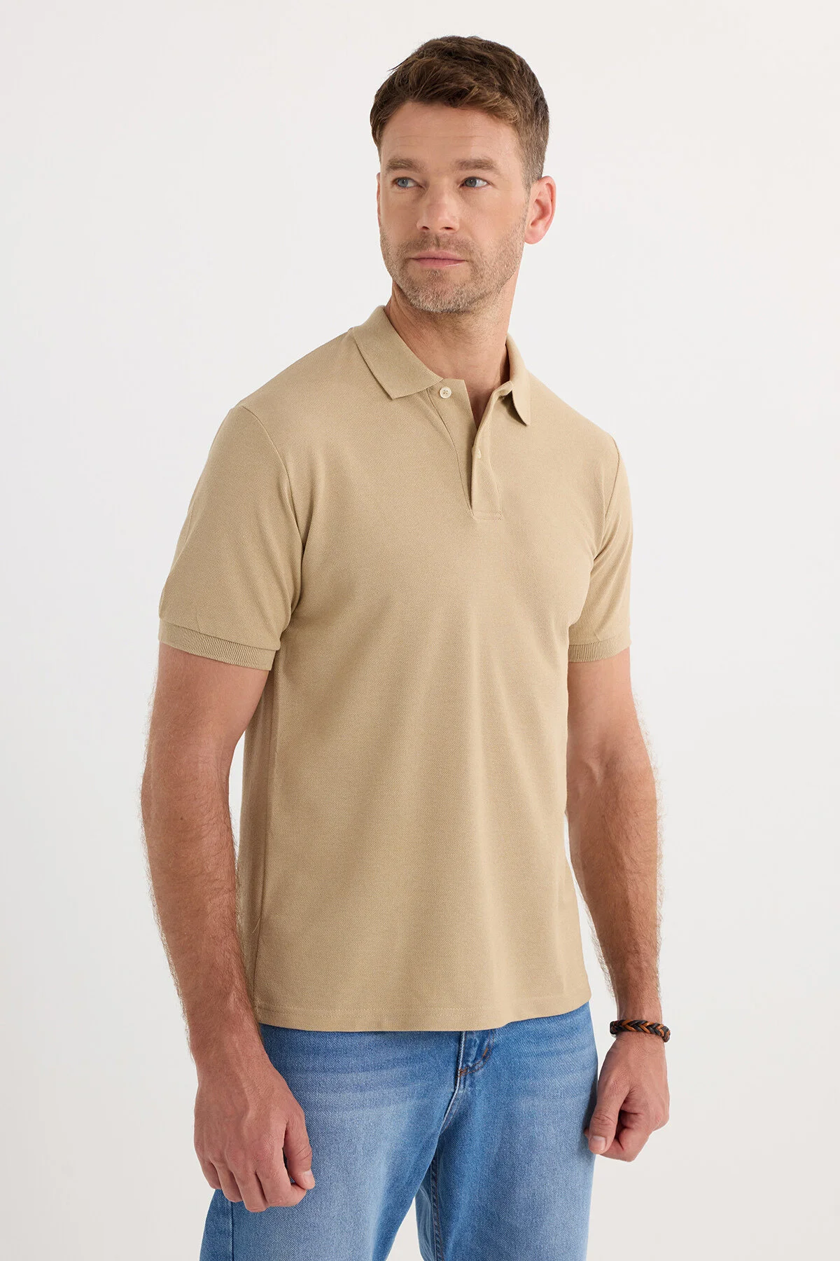 تی شرت یقه پولو مردانه پارچه باریک و ای نرم مسطح PIKE BEIGE POLO COLLAR T SHIRT Tudors