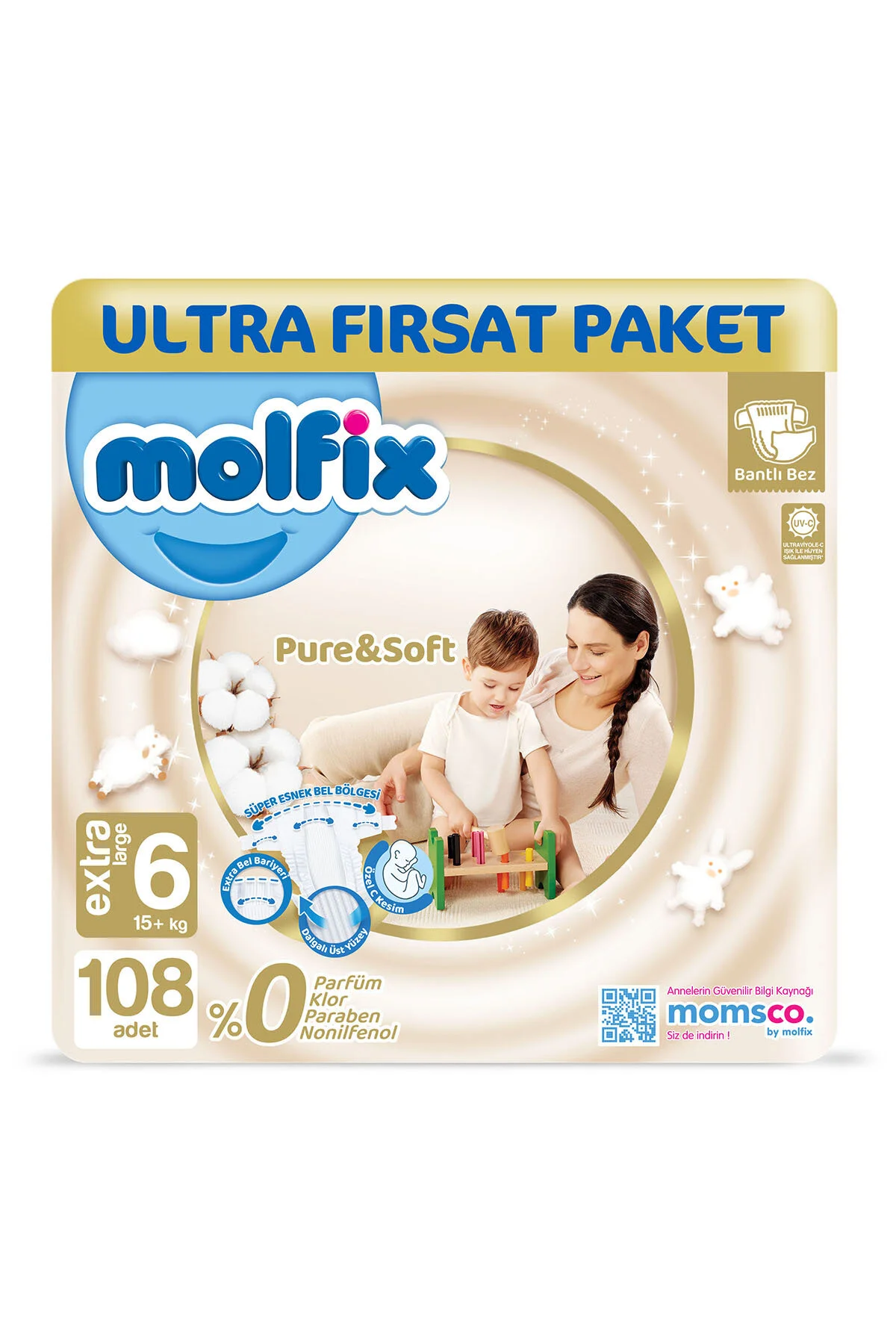 پوشک بچه PURE &amp; SOFT سایز 6 فوق العاده بزرگ 108 عدد اورجینال Molfix