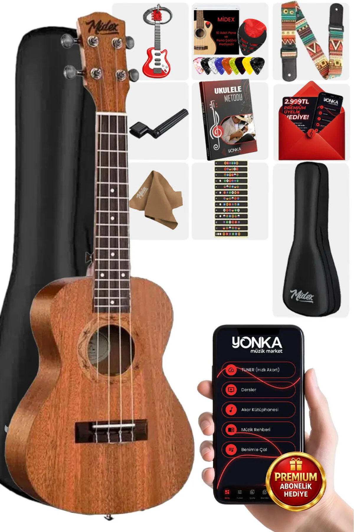 اوکلله SP 21M SET MAUN SOPRANO UKULELE SOFTCASE CAPO METHEN NOTE STICKER HANGER PENA Midex