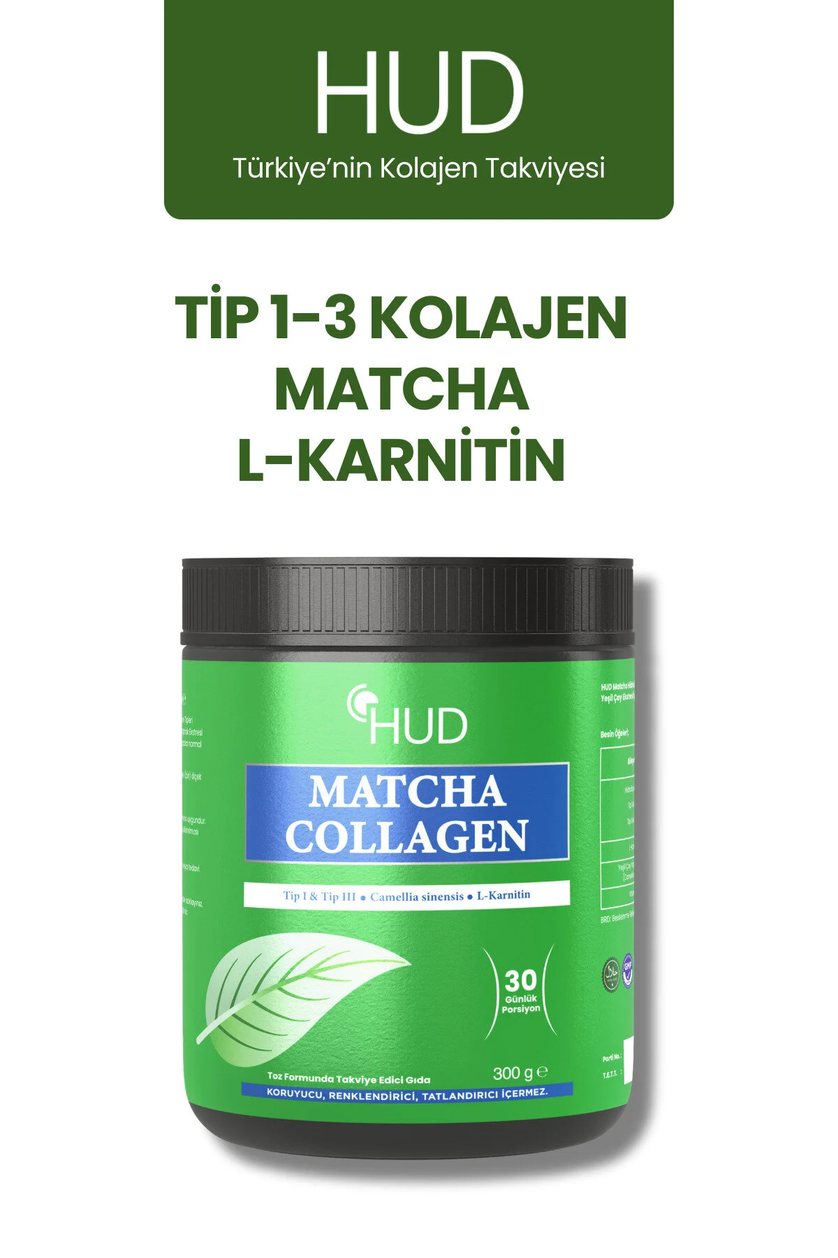 کلاژن MATCHA COLLAGEN نوع I و III L CARNITIN عصاره چای سبز 300 گرم قسمت 30 روزه Hud