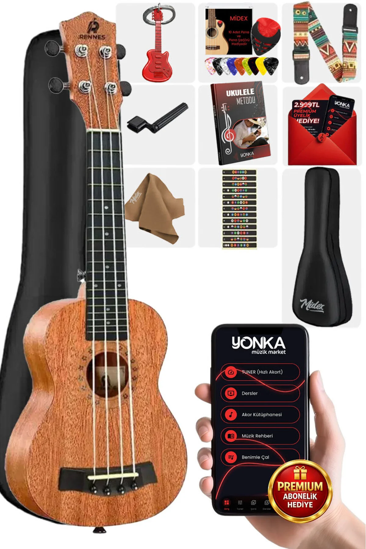 اوکلله کنسرت RENNES RD 24 UKULELE روش حلق آویز BAG CAPO PENA Midex