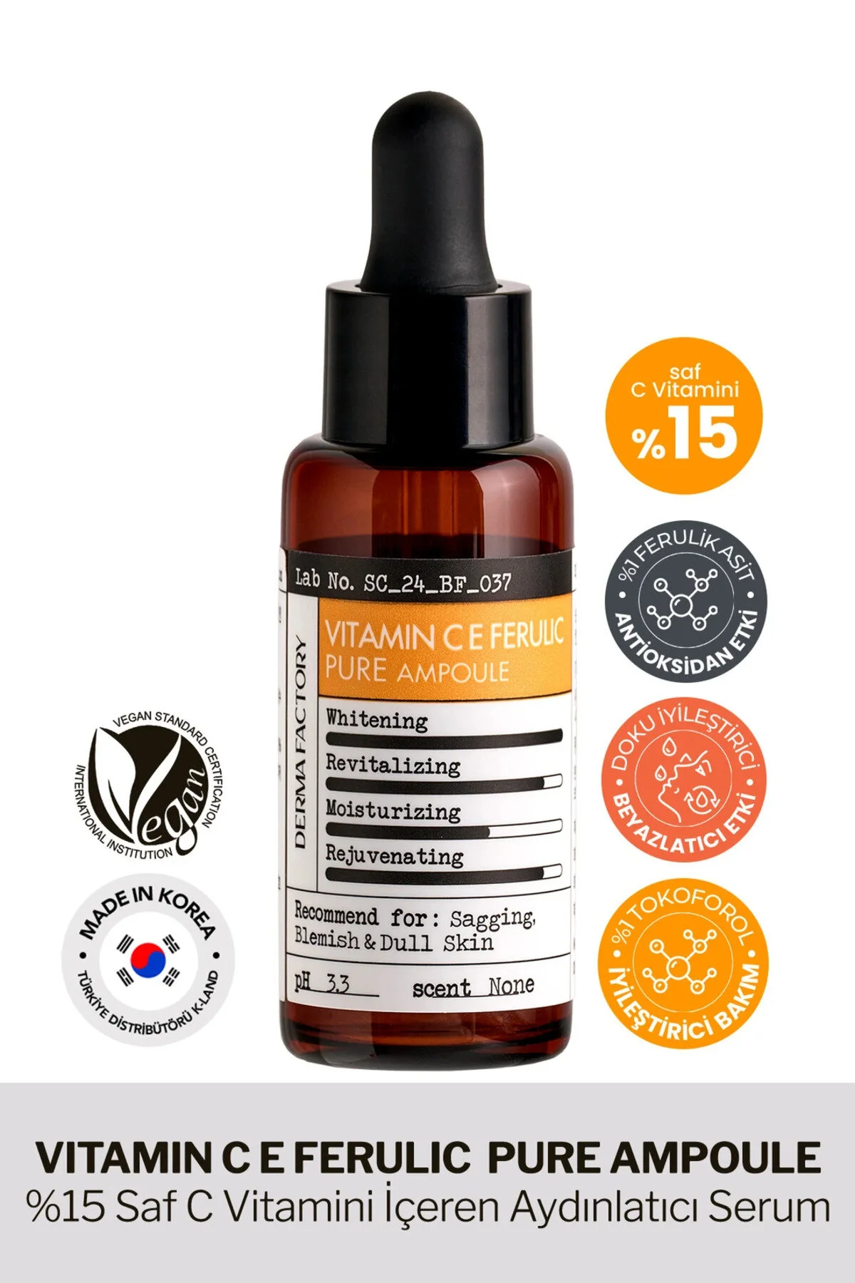 سرم پوست ویتامین C خالص آمپول فرولیک E حاوی 15% DERMA FACTORY