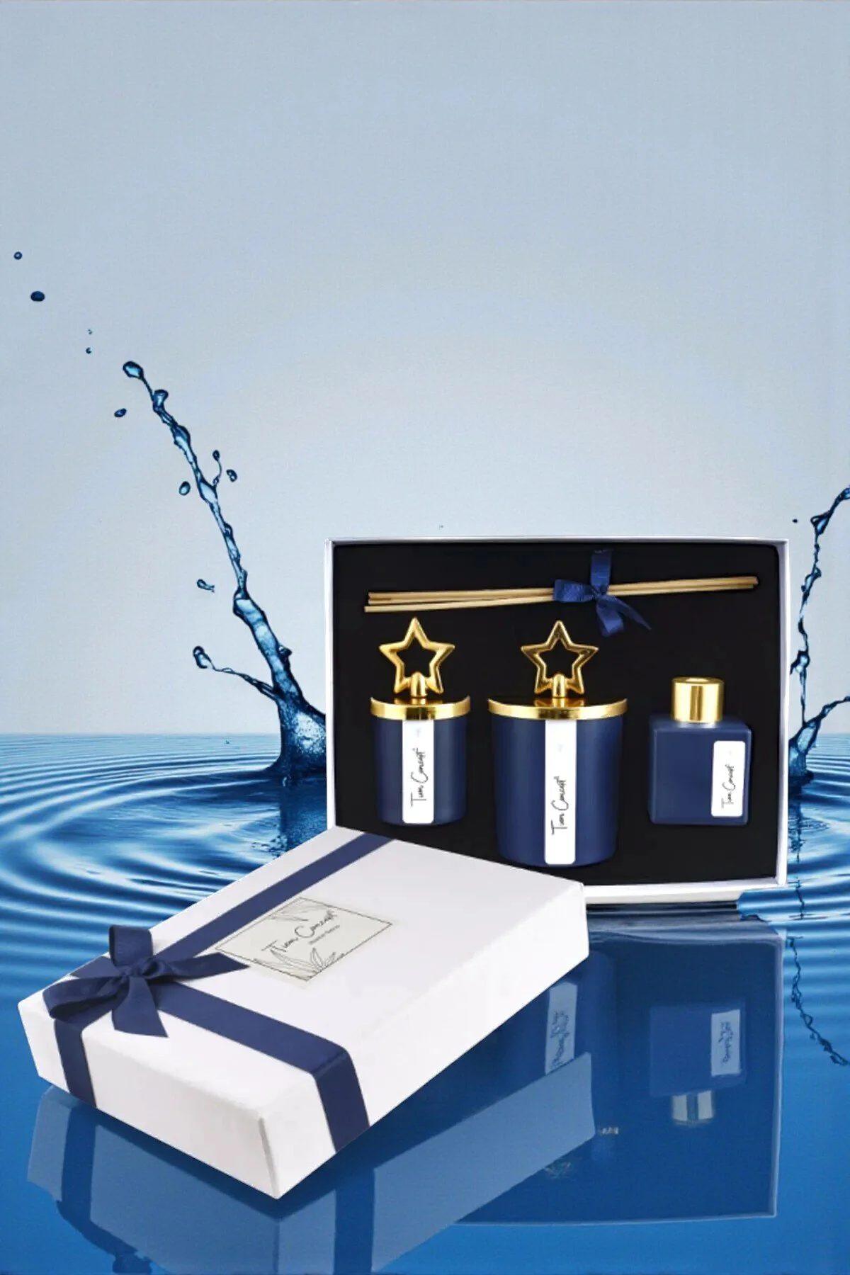 شمع و چراغ آبی طراحی ویژه با جعبه اقیانوس معطر بالای طلا Tiem Concept