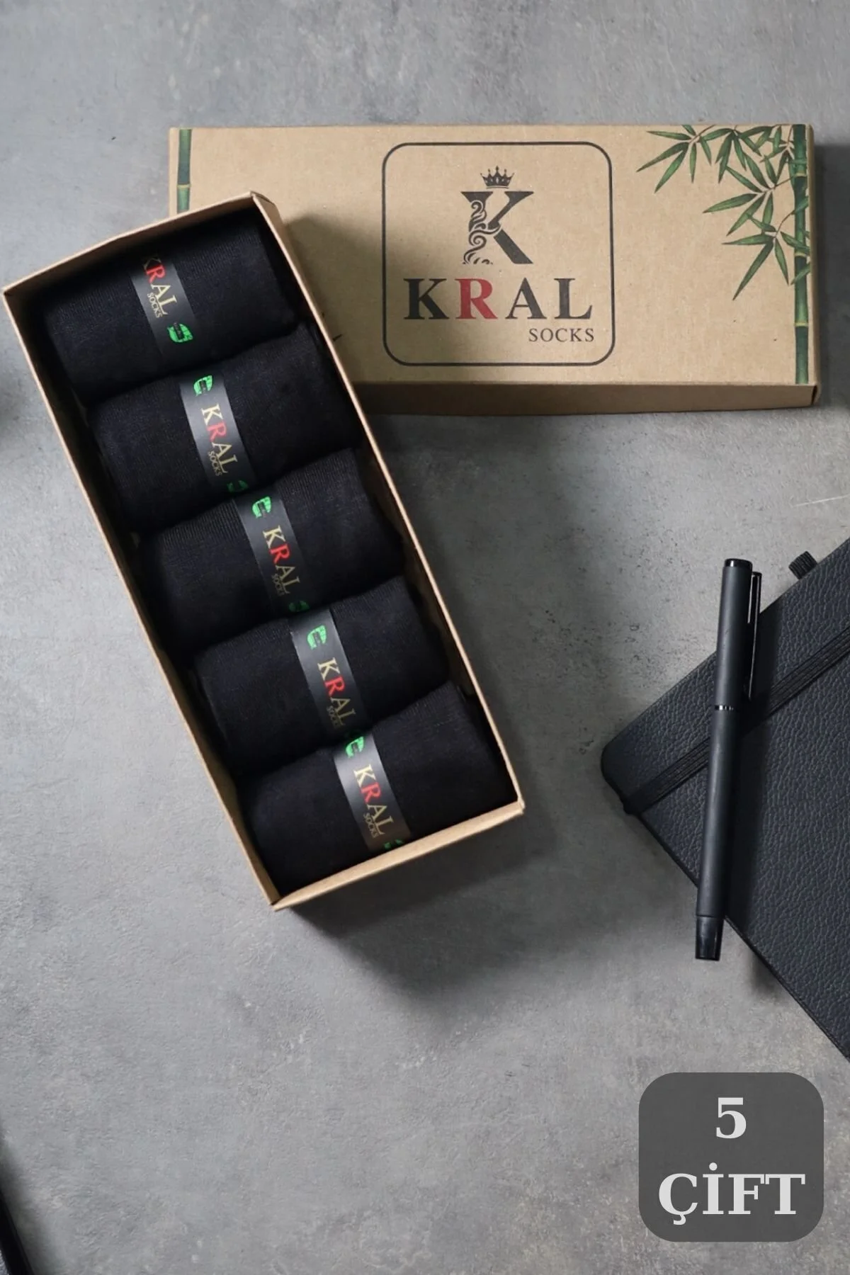 جوراب مردانه بامبو سوکت کلاسیک ساده و تابستانی بدون درز 5 تکه جعبه‌ای ممتاز KRAL SOCKS